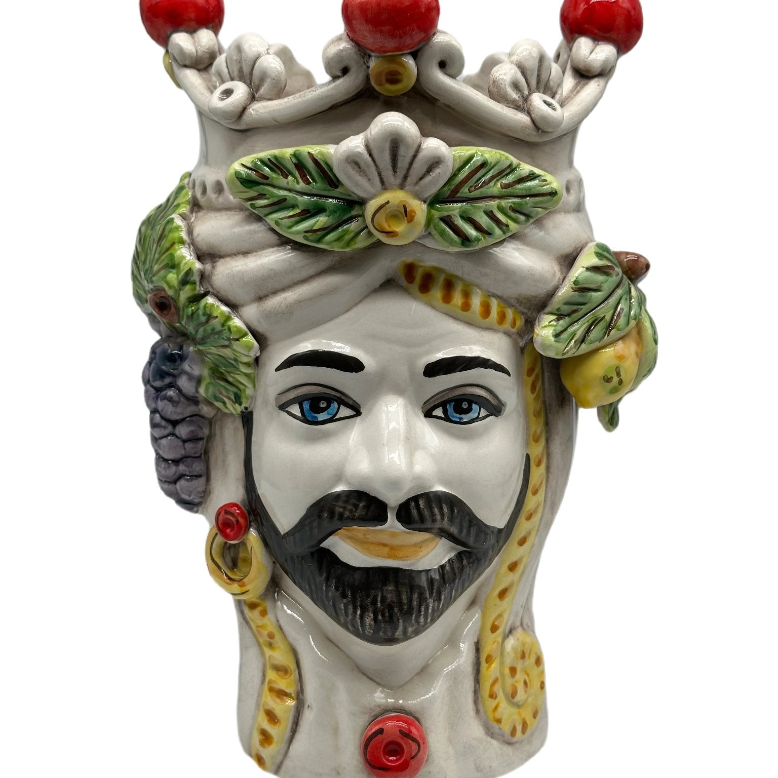 Teste di Moro Classica Corona Sfere Rosso Ceramica Caltagirone cm H.28 L.20 Artigianale - Re Bianco - TESTA DI MORO