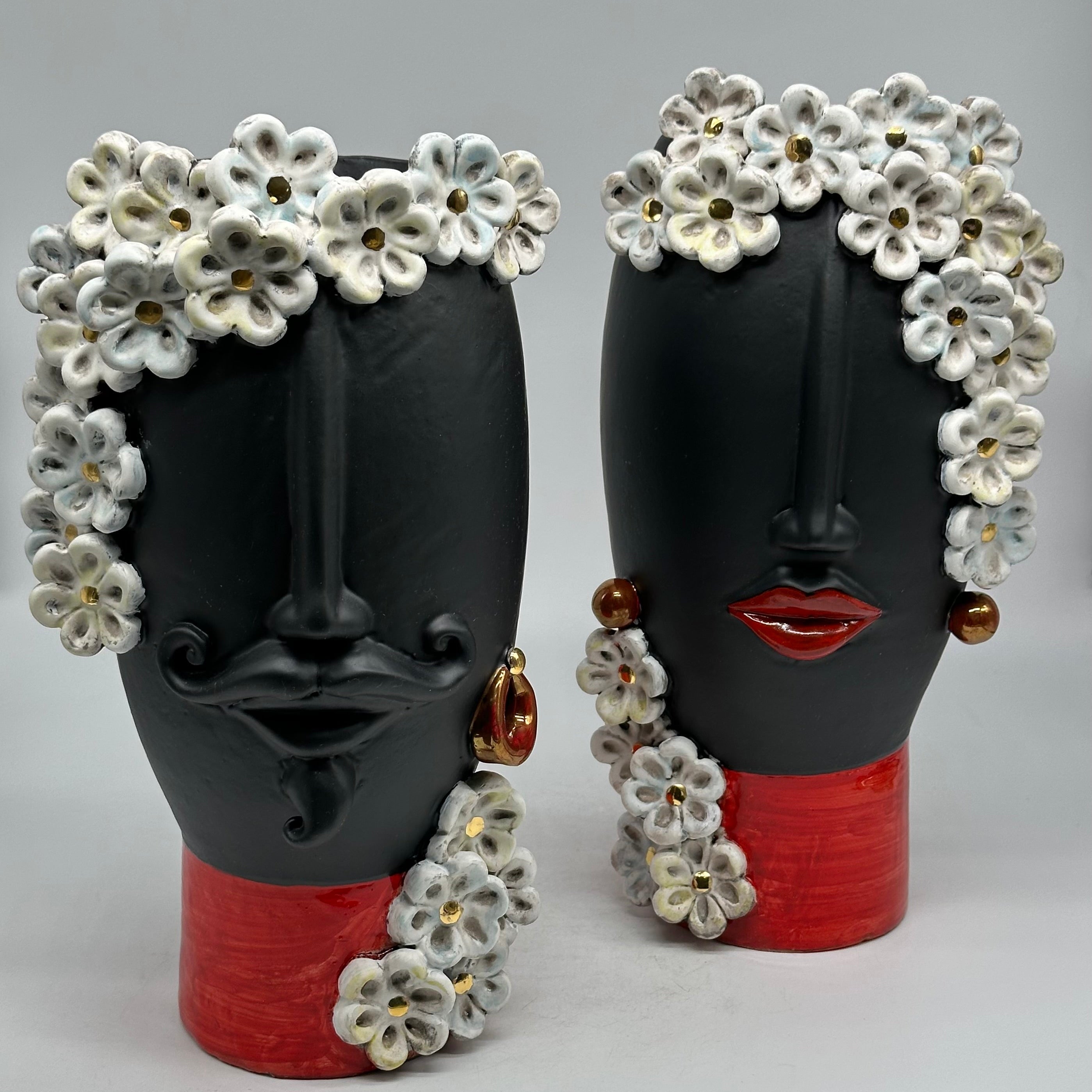 Teste di Moro Contempus Opaco Fiori Ceramica Caltagirone cm H.33 L.18 Artigianale - TESTE DI MORO