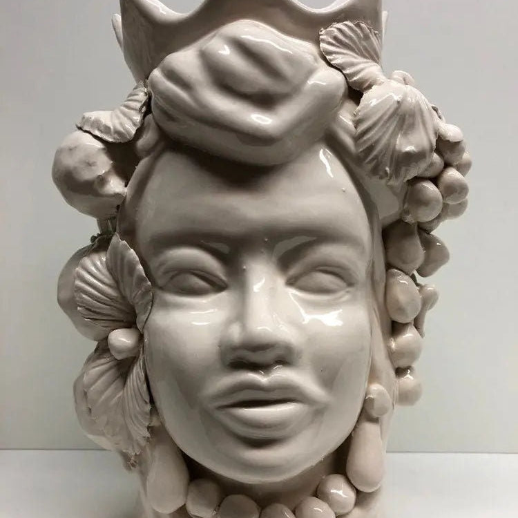 Teste di Moro Corona a Punte Ceramica Caltagirone cm H.28 L.20 Artigianale Bianco DD CERAMICHE SICILIANE