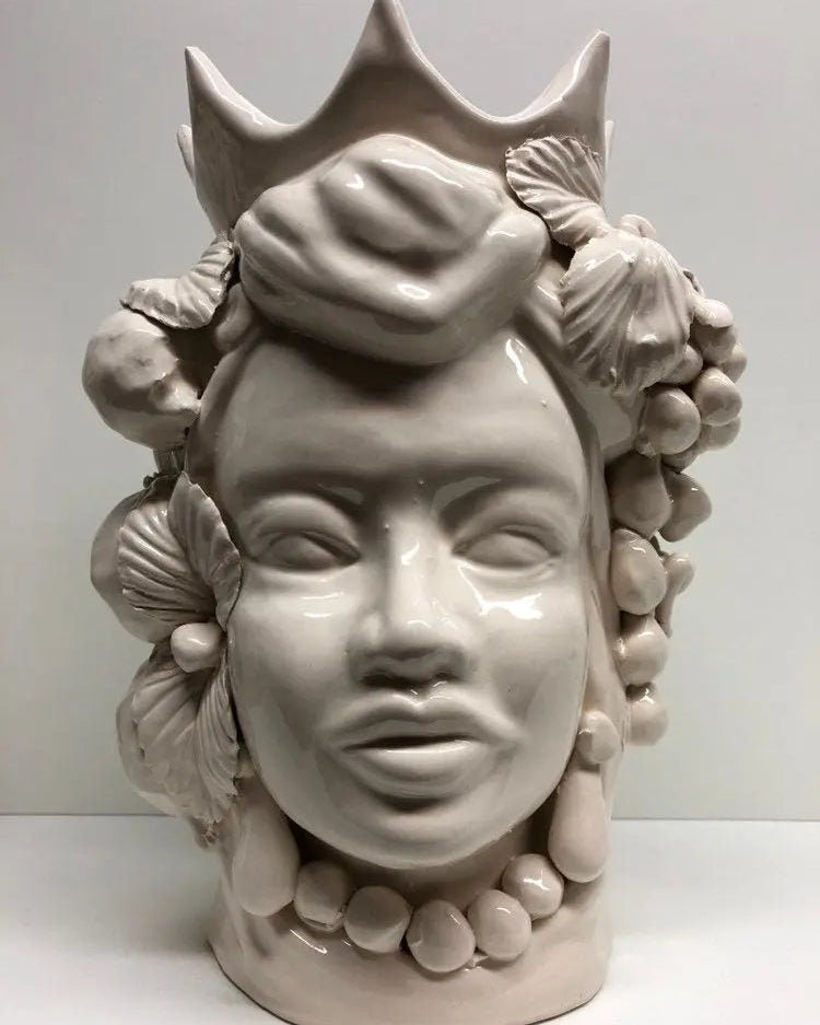 Teste di Moro Corona a Punte Ceramica Caltagirone cm H.28 L.20 Artigianale Bianco DD CERAMICHE SICILIANE