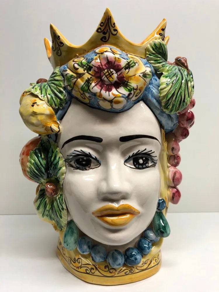 Teste di Moro Corona a Punte Ceramica Caltagirone cm H.28 L.20 Artigianale Decorazione Siciliana DD CERAMICHE SICILIANE