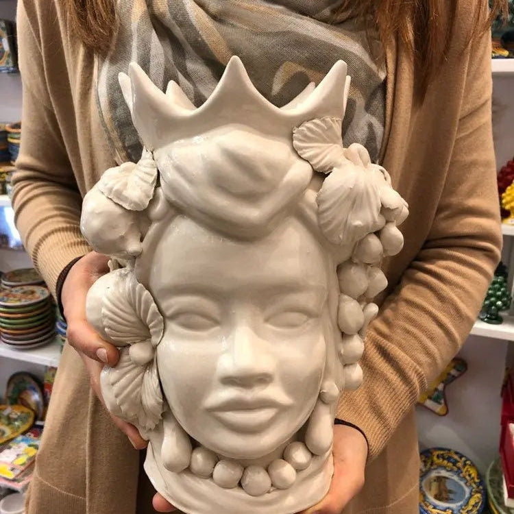 Teste di Moro Corona a Punte Ceramica Caltagirone cm H.28 L.20 Artigianale Bianco DD CERAMICHE SICILIANE