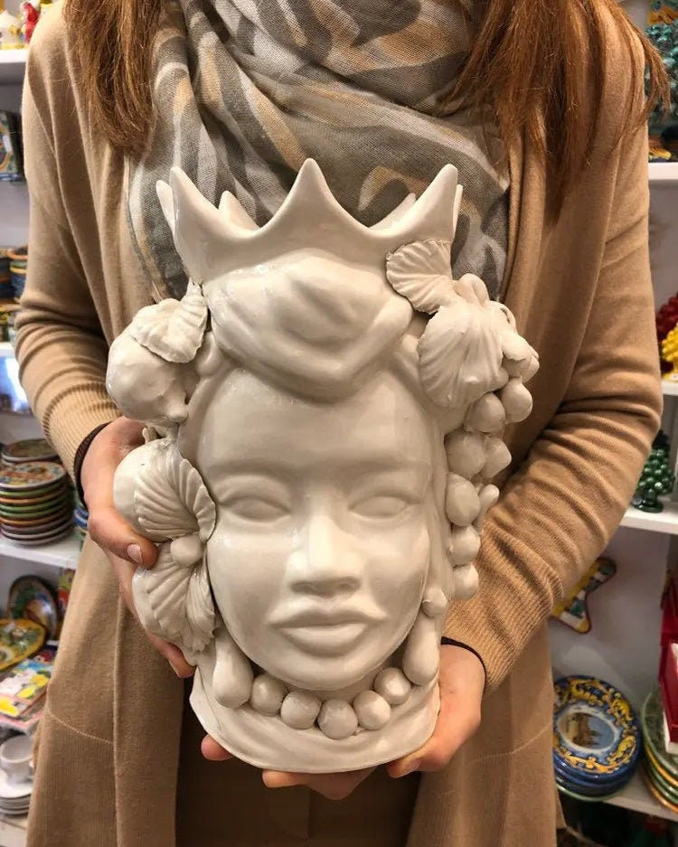 Teste di Moro Corona a Punte Ceramica Caltagirone cm H.28 L.20 Artigianale Bianco DD CERAMICHE SICILIANE