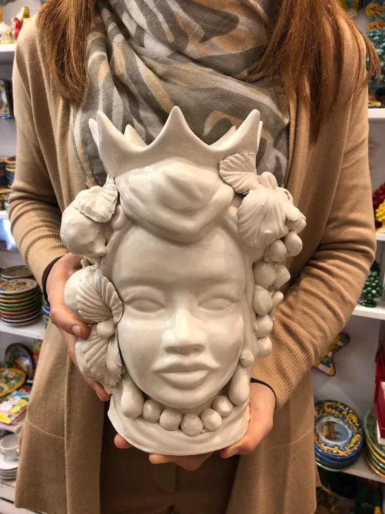 Teste di Moro Corona a Punte Ceramica Caltagirone cm H.28 L.20 Artigianale Bianco DD CERAMICHE SICILIANE