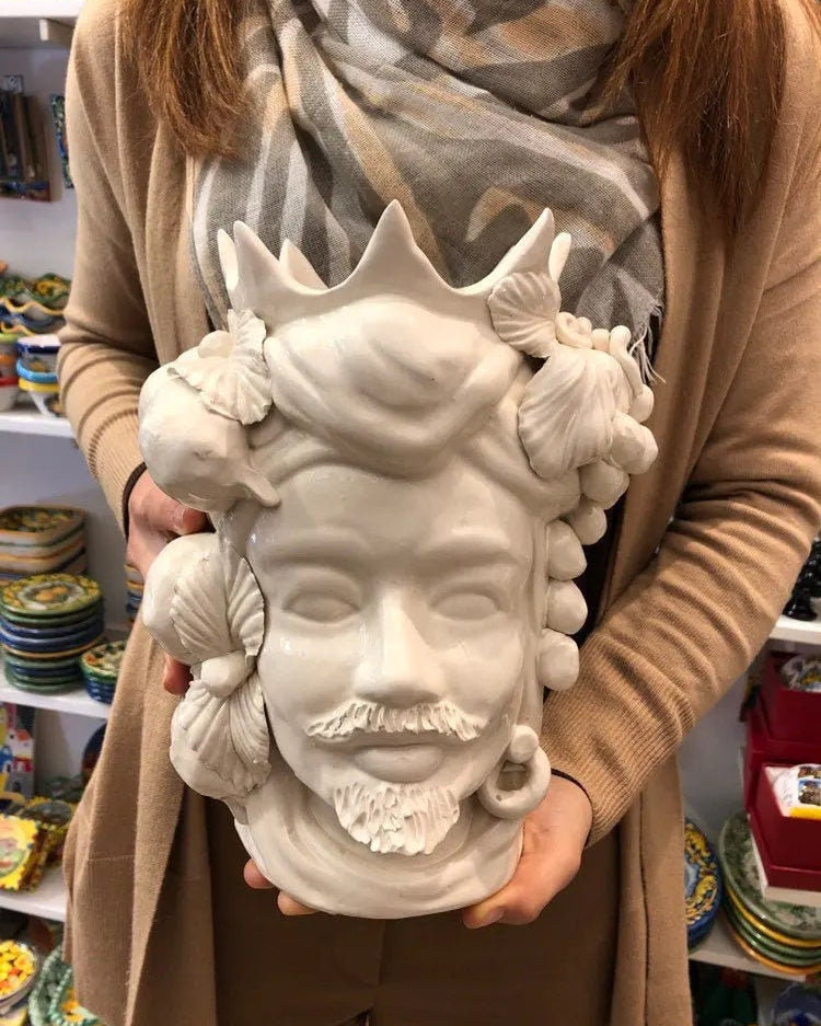 Teste di Moro Corona a Punte Ceramica Caltagirone cm H.28 L.20 Artigianale Bianco DD CERAMICHE SICILIANE