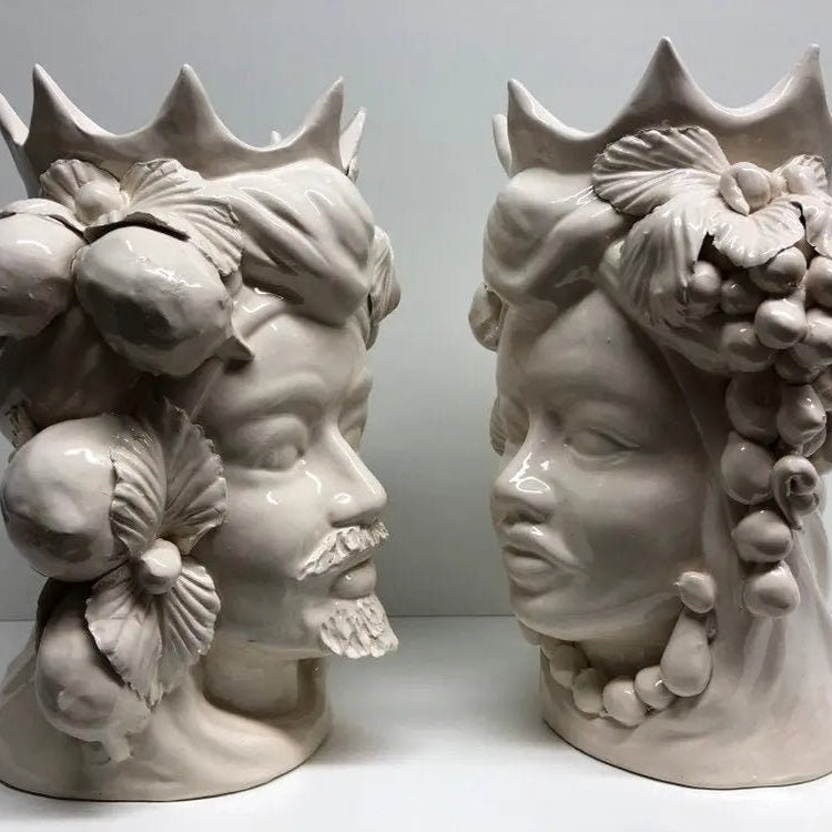 Teste di Moro Corona a Punte Ceramica Caltagirone cm H.28 L.20 Artigianale Bianco DD CERAMICHE SICILIANE