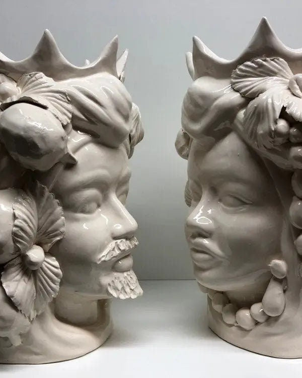 Teste di Moro Corona a Punte Ceramica Caltagirone cm H.28 L.20 Artigianale Bianco DD CERAMICHE SICILIANE