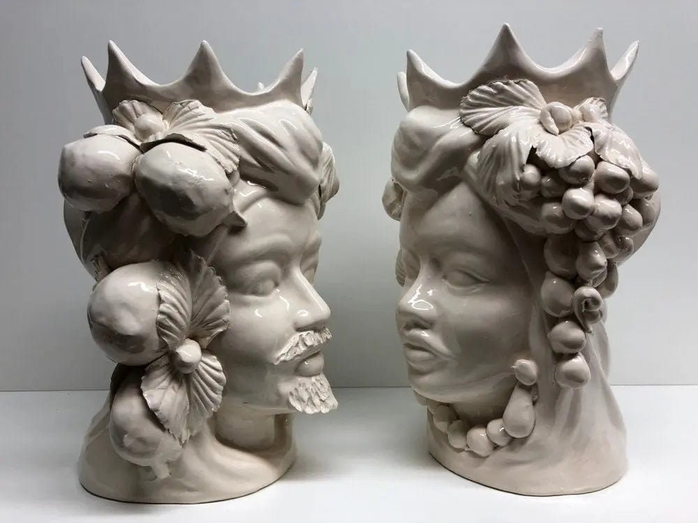 Teste di Moro Corona a Punte Ceramica Caltagirone cm H.28 L.20 Artigianale Bianco DD CERAMICHE SICILIANE