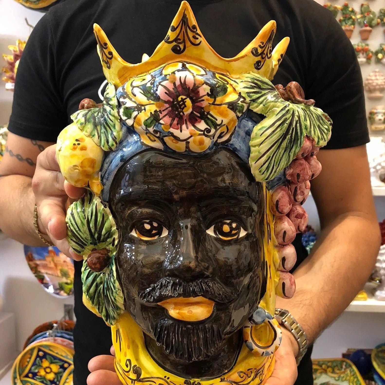 Teste di Moro Corona a Punte Ceramica Caltagirone cm H.28 L.20 Artigianale Decorazione Siciliana DD CERAMICHE SICILIANE