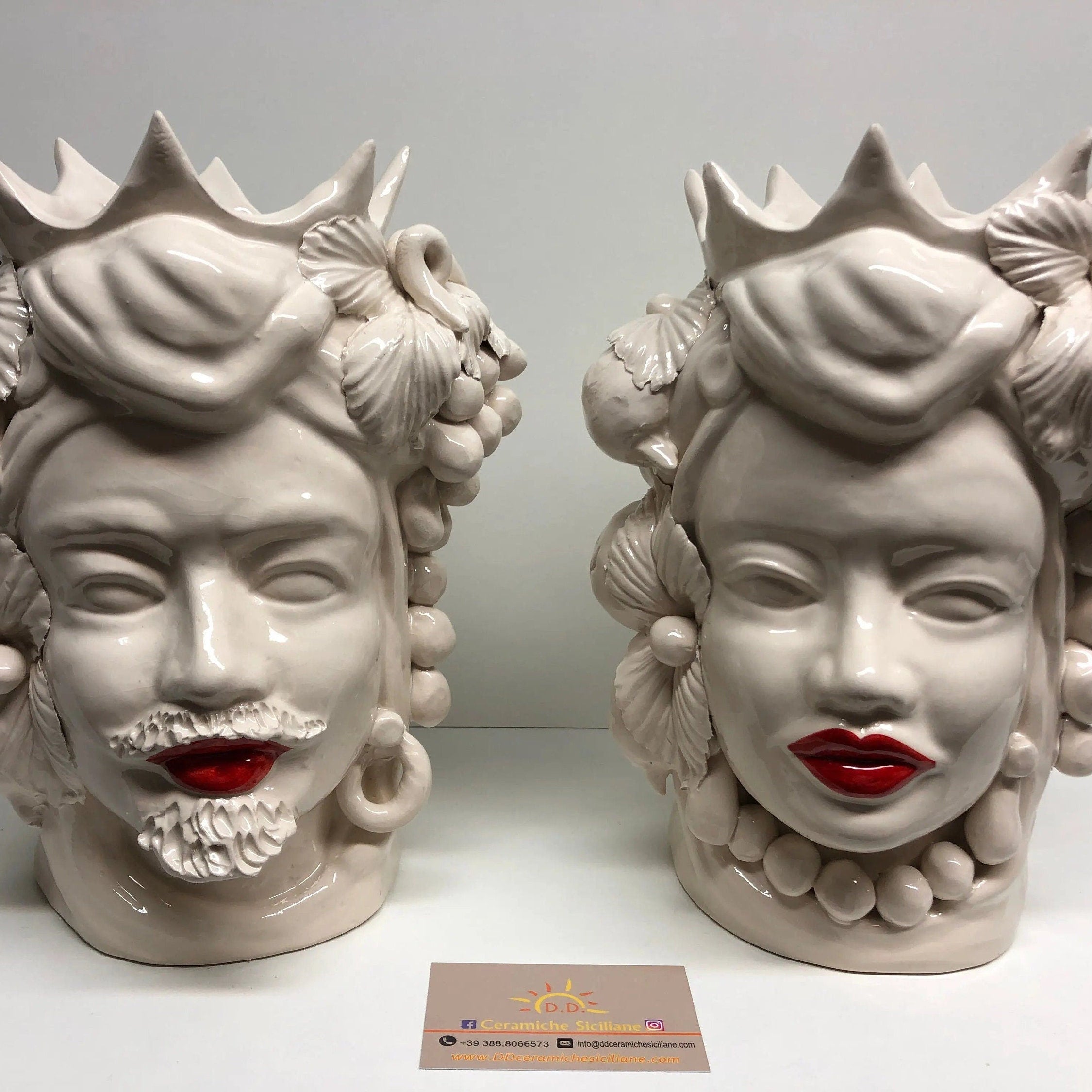 Teste di Moro Corona a Punte Ceramica Caltagirone cm H.28 L.20 Artigianale Bianco Labbra Rosso DD CERAMICHE SICILIANE