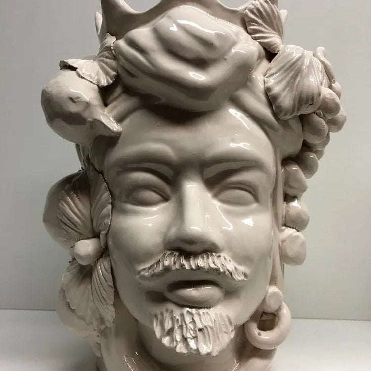 Teste di Moro Corona a Punte Ceramica Caltagirone cm H.28 L.20 Artigianale Bianco DD CERAMICHE SICILIANE