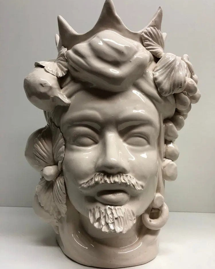 Teste di Moro Corona a Punte Ceramica Caltagirone cm H.28 L.20 Artigianale Bianco DD CERAMICHE SICILIANE