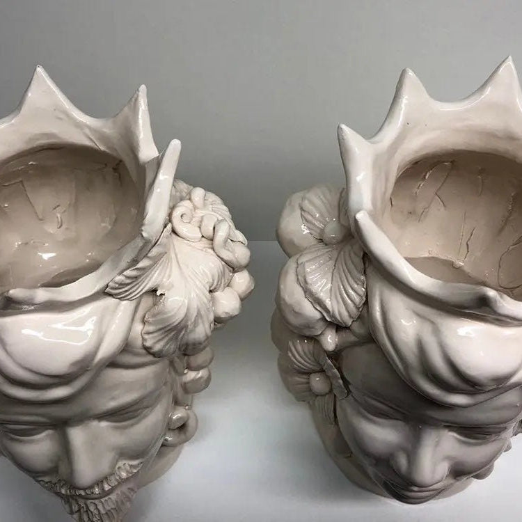 Teste di Moro Corona a Punte Ceramica Caltagirone cm H.28 L.20 Artigianale Bianco DD CERAMICHE SICILIANE