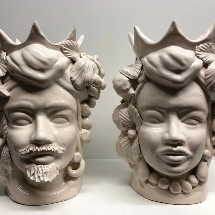 Teste di Moro Corona a Punte Ceramica Caltagirone cm H.28 L.20 Artigianale Bianco DD CERAMICHE SICILIANE