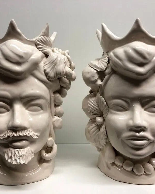 Teste di Moro Corona a Punte Ceramica Caltagirone cm H.28 L.20 Artigianale Bianco DD CERAMICHE SICILIANE