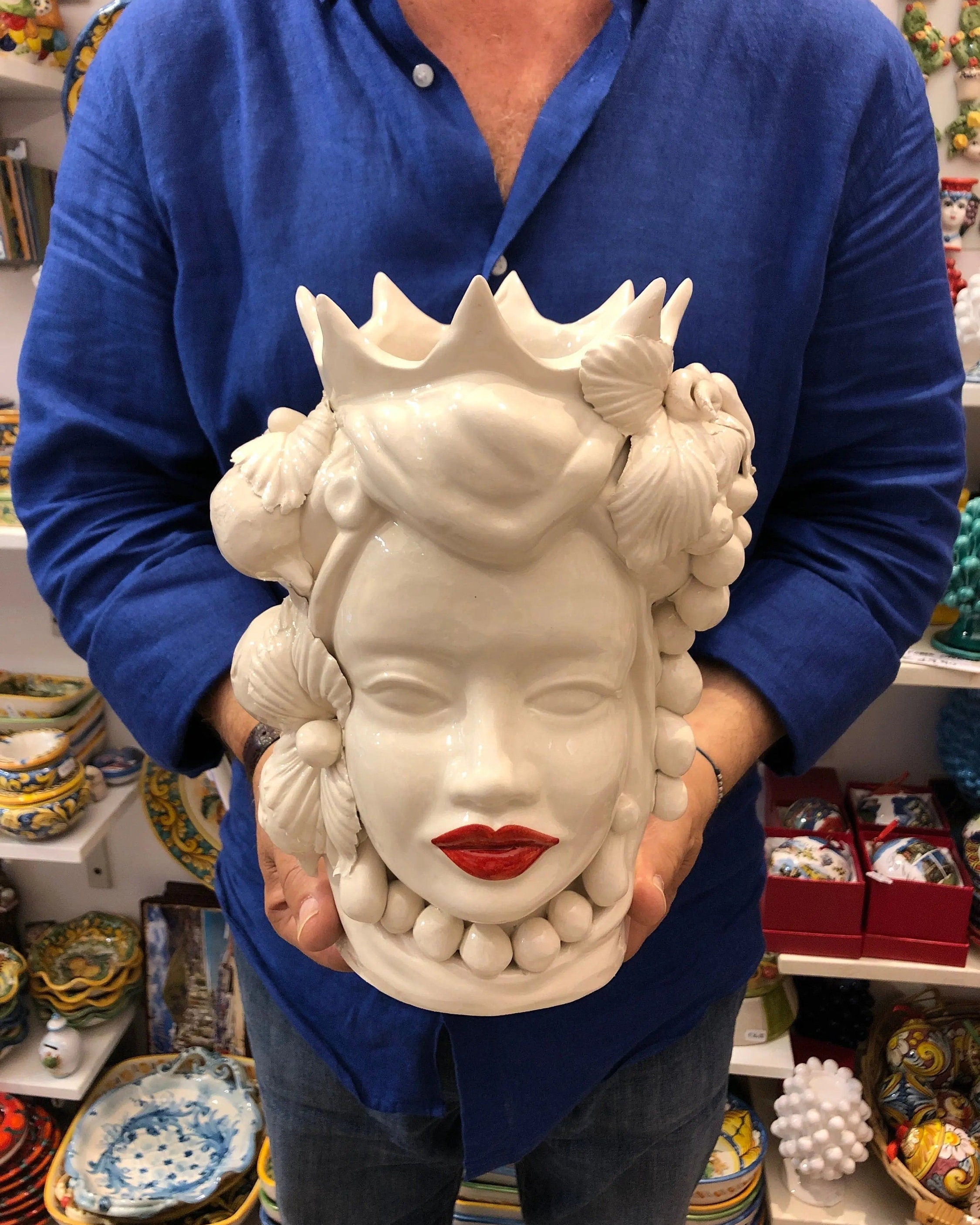 Teste di Moro Corona a Punte Ceramica Caltagirone cm H.28 L.20 Artigianale Bianco Labbra Rosso DD CERAMICHE SICILIANE