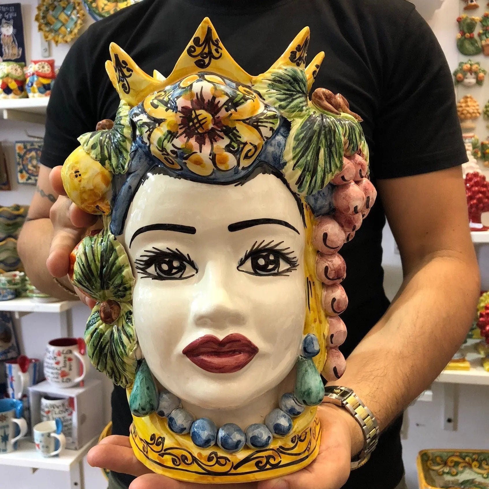 Teste di Moro Corona a Punte Ceramica Caltagirone cm H.28 L.20 Artigianale Decorazione Siciliana DD CERAMICHE SICILIANE