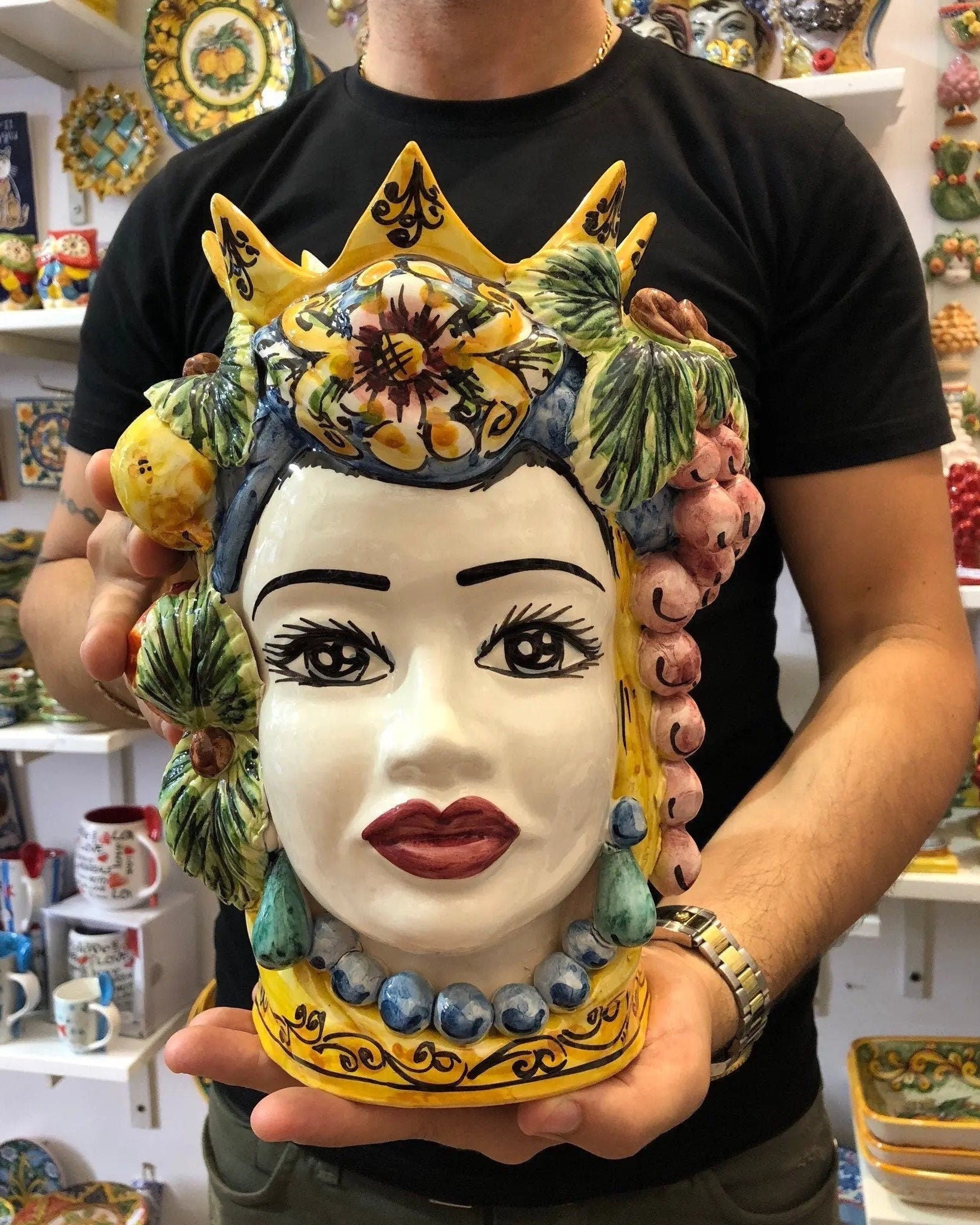 Teste di Moro Corona a Punte Ceramica Caltagirone cm H.28 L.20 Artigianale Decorazione Siciliana DD CERAMICHE SICILIANE