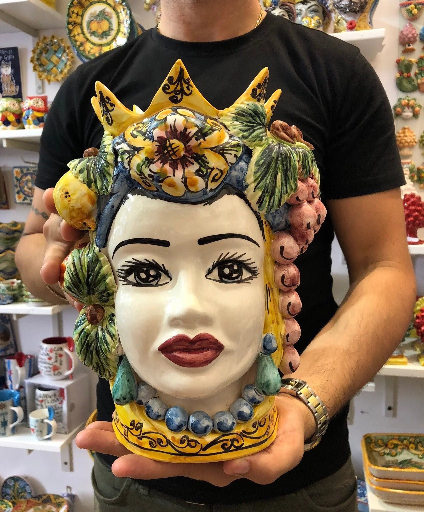 Teste di Moro Corona a Punte Ceramica Caltagirone cm H.28 L.20 Artigianale Decorazione Siciliana DD CERAMICHE SICILIANE