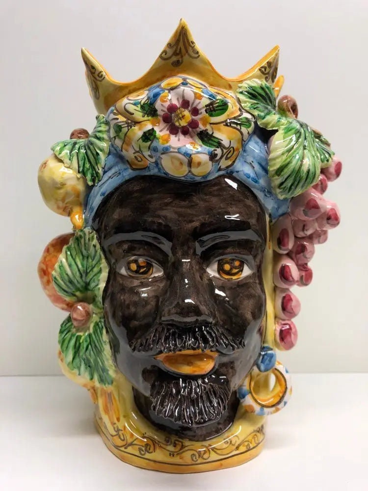 Teste di Moro Corona a Punte Ceramica Caltagirone cm H.28 L.20 Artigianale Decorazione Siciliana DD CERAMICHE SICILIANE