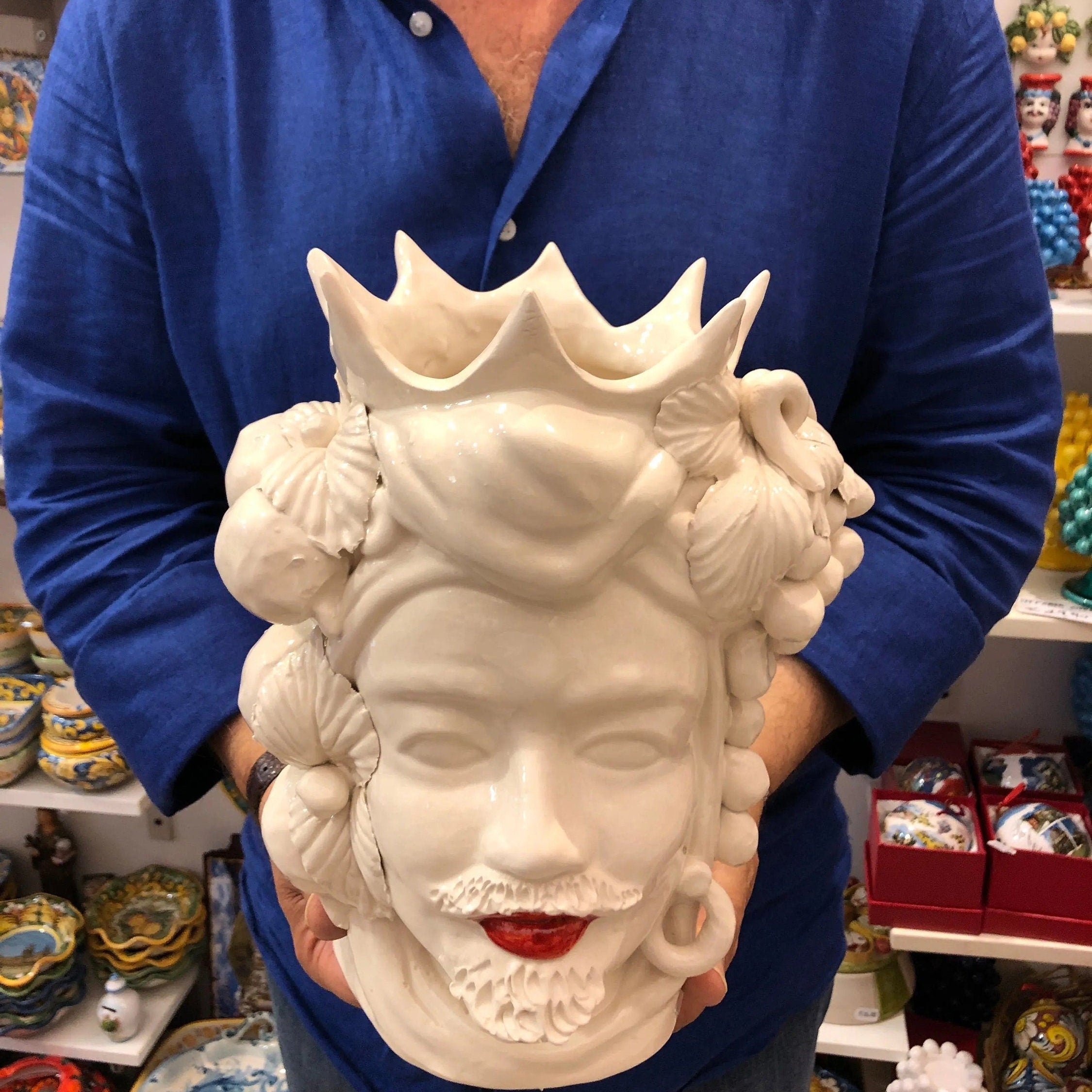 Teste di Moro Corona a Punte Ceramica Caltagirone cm H.28 L.20 Artigianale Bianco Labbra Rosso DD CERAMICHE SICILIANE