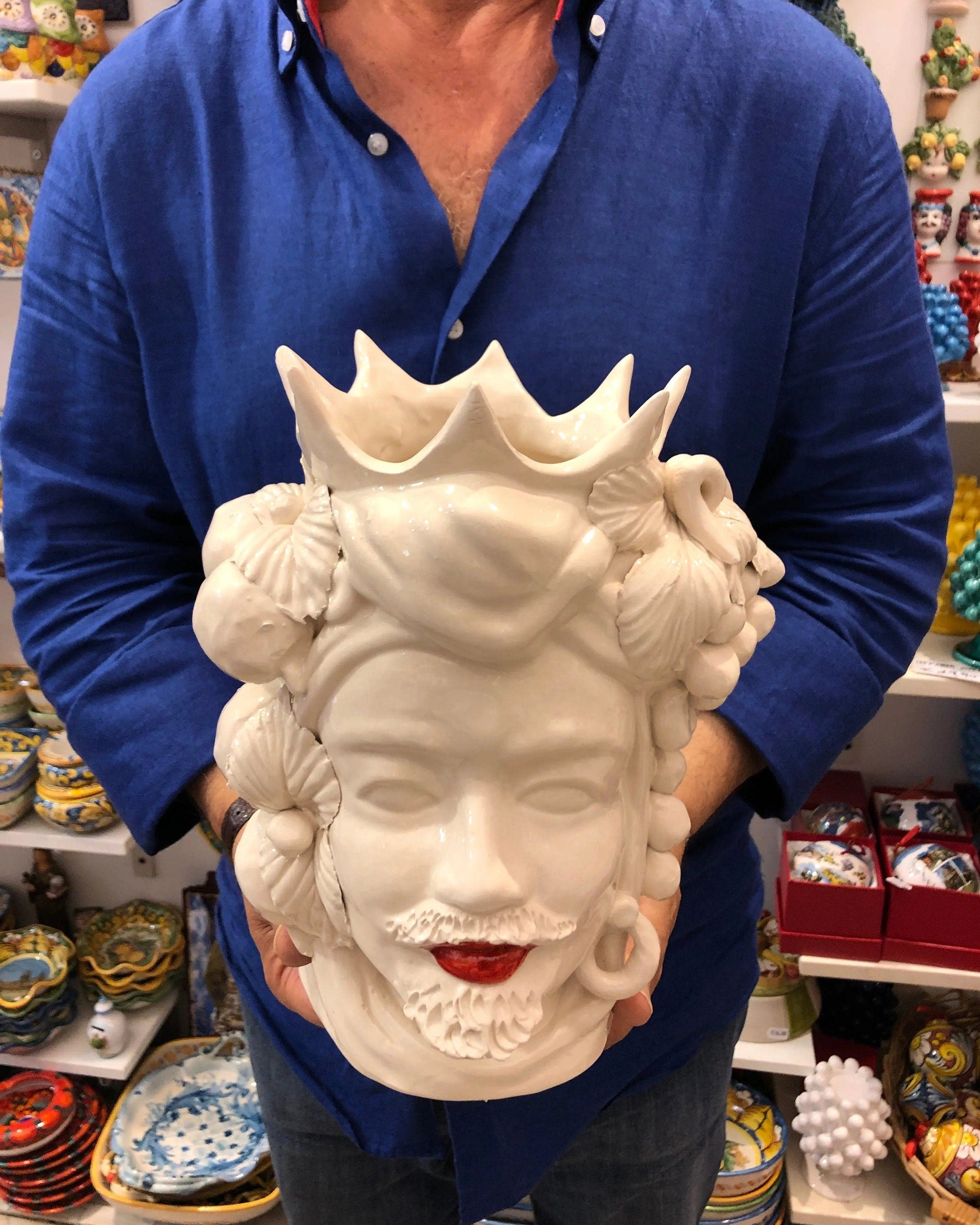 Teste di Moro Corona a Punte Ceramica Caltagirone cm H.28 L.20 Artigianale Bianco Labbra Rosso DD CERAMICHE SICILIANE