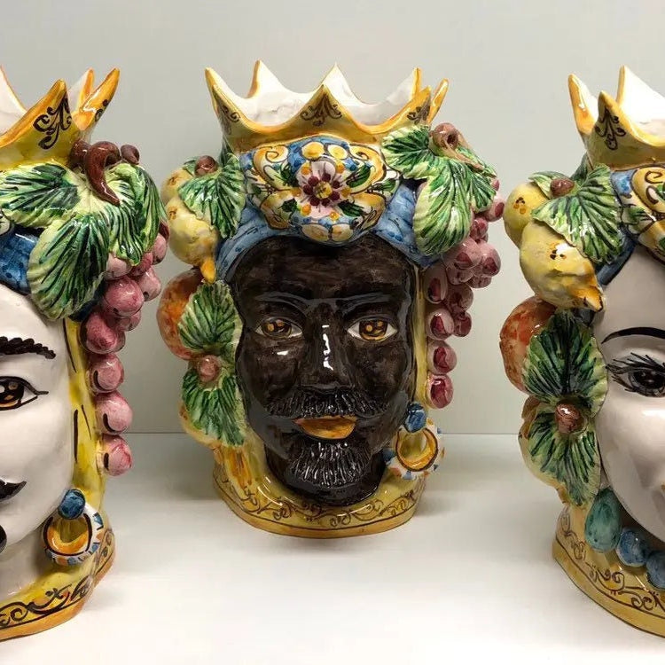Teste di Moro Corona a Punte Ceramica Caltagirone cm H.28 L.20 Artigianale Decorazione Siciliana DD CERAMICHE SICILIANE