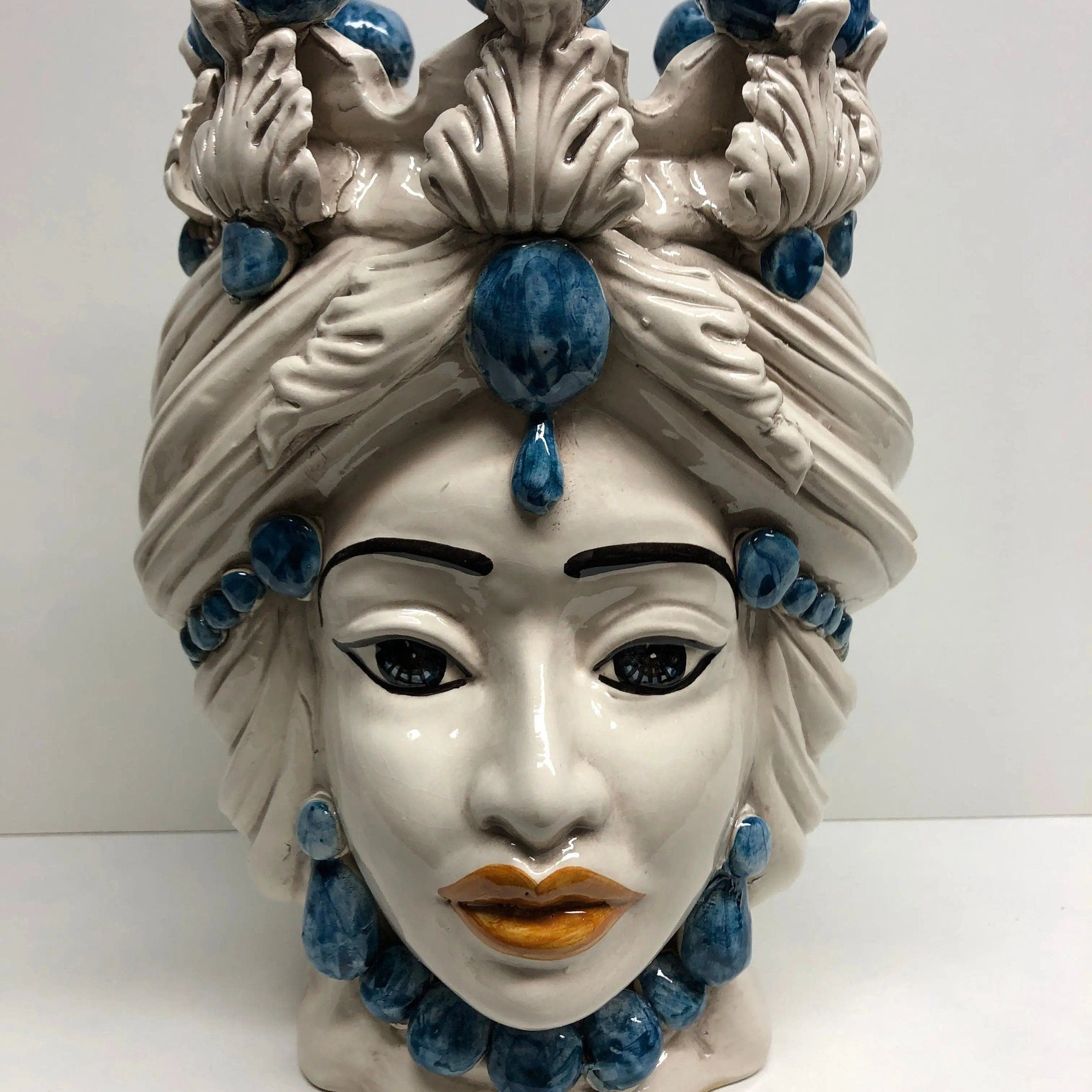 Teste di Moro Corona Ceramica Caltagirone cm H.30 L.20 Artigianale Sfere Blu DD CERAMICHE SICILIANE