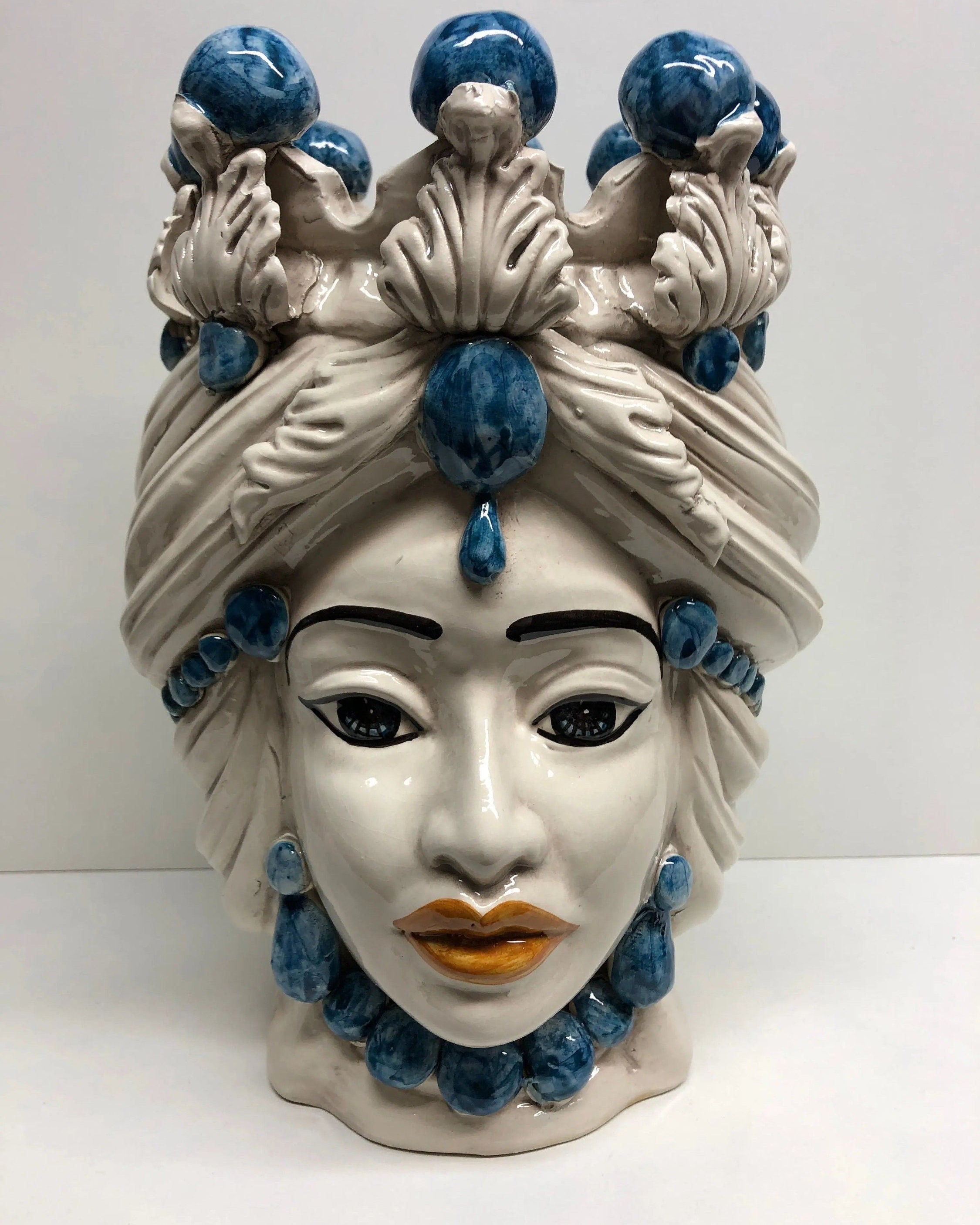 Teste di Moro Corona Ceramica Caltagirone cm H.30 L.20 Artigianale Sfere Blu DD CERAMICHE SICILIANE