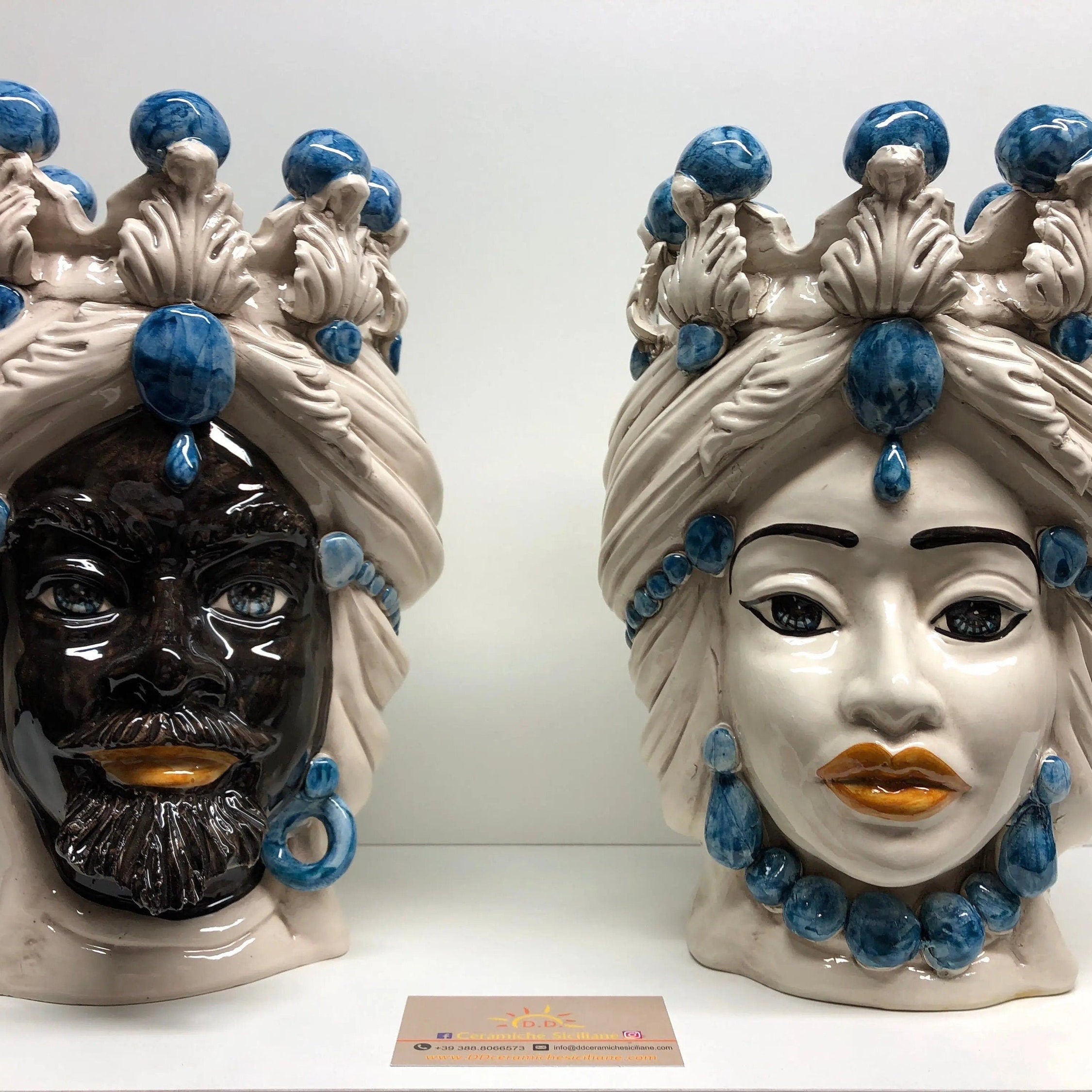 Teste di Moro Corona Ceramica Caltagirone cm H.30 L.20 Artigianale Sfere Blu DD CERAMICHE SICILIANE