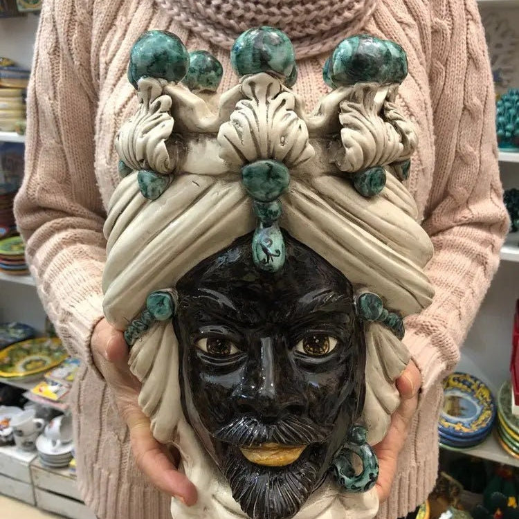 Teste di Moro Corona Ceramica Caltagirone cm H.30 L.20 Artigianale Sfere Verde DD CERAMICHE SICILIANE