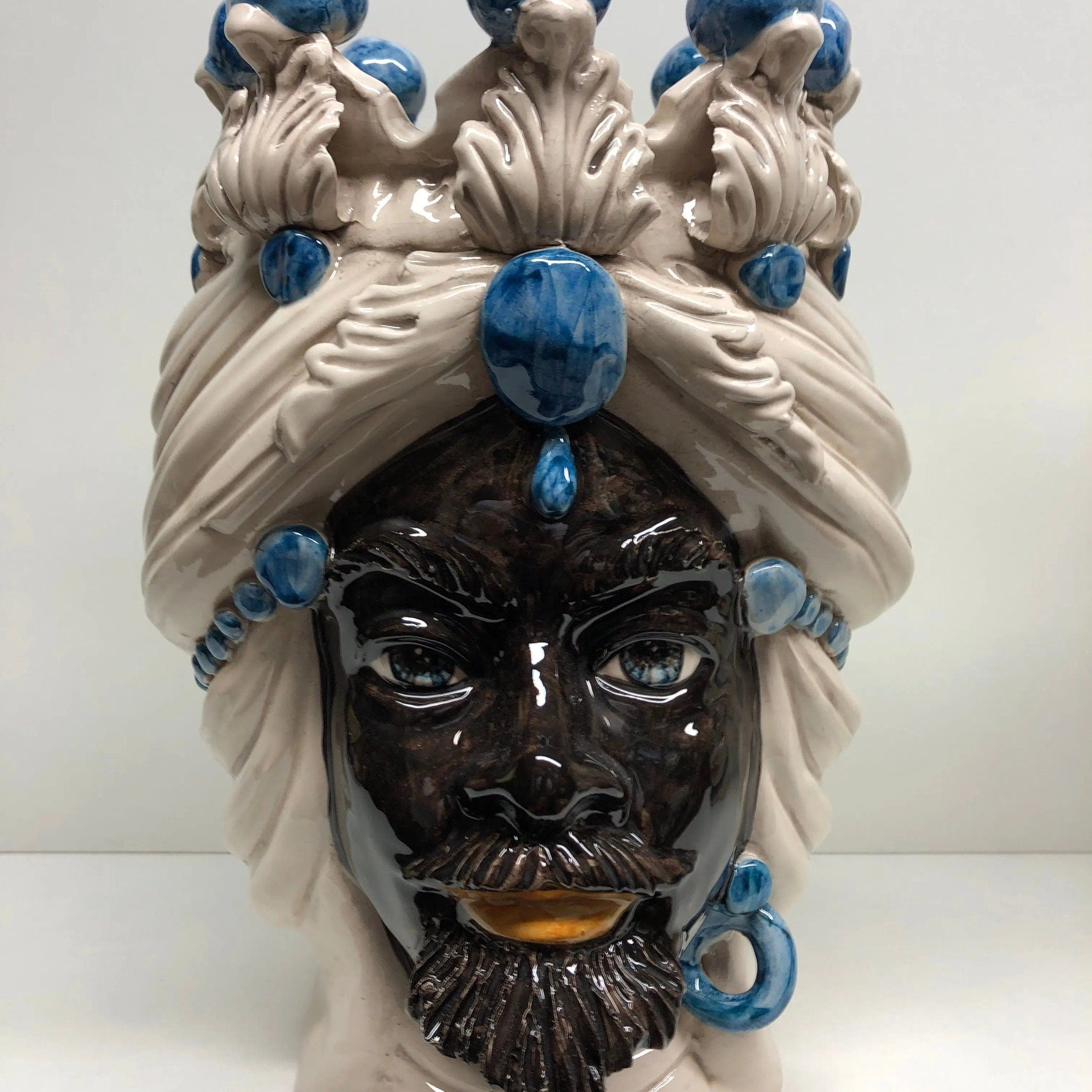 Teste di Moro Corona Ceramica Caltagirone cm H.30 L.20 Artigianale Sfere Blu DD CERAMICHE SICILIANE