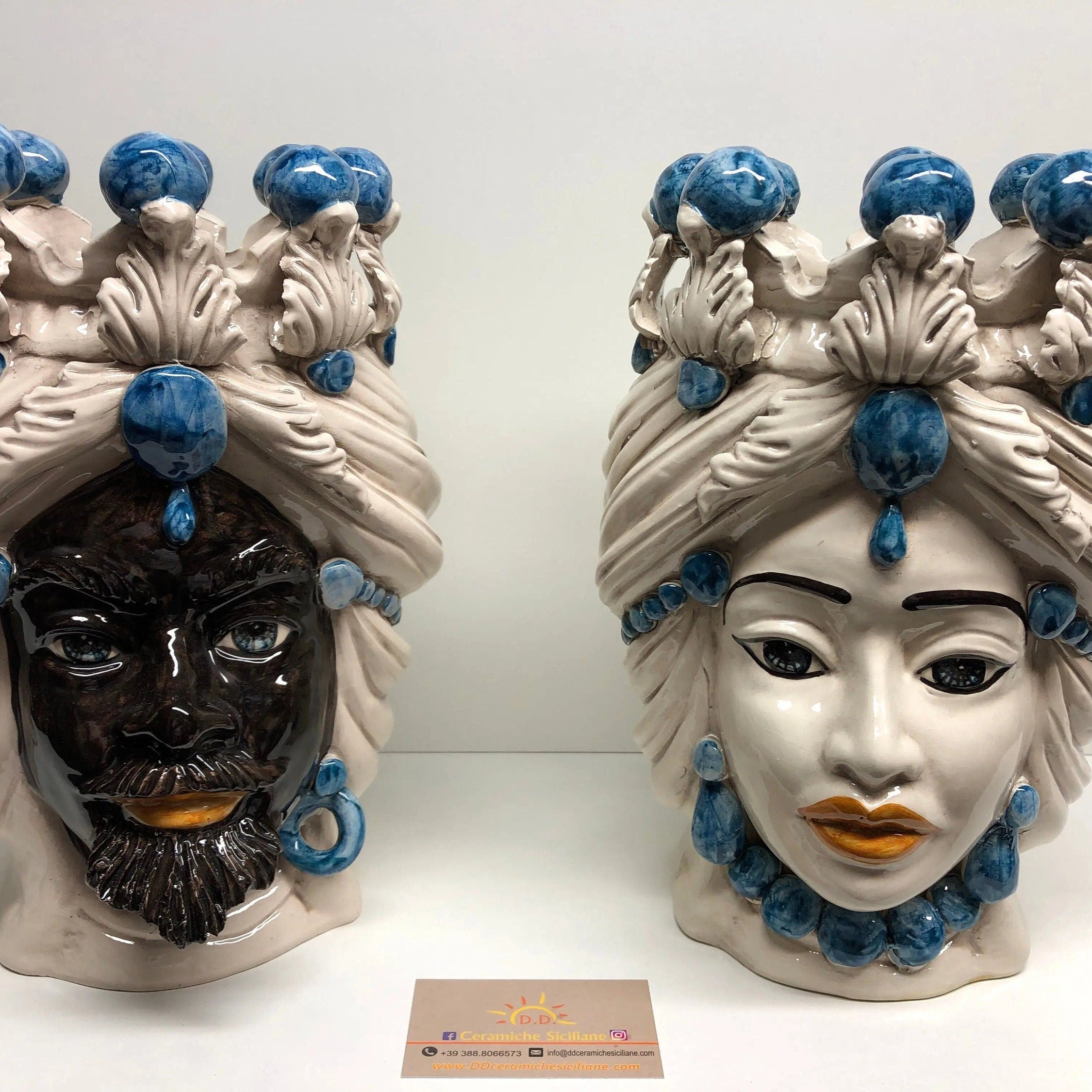 Teste di Moro Corona Ceramica Caltagirone cm H.30 L.20 Artigianale Sfere Blu DD CERAMICHE SICILIANE