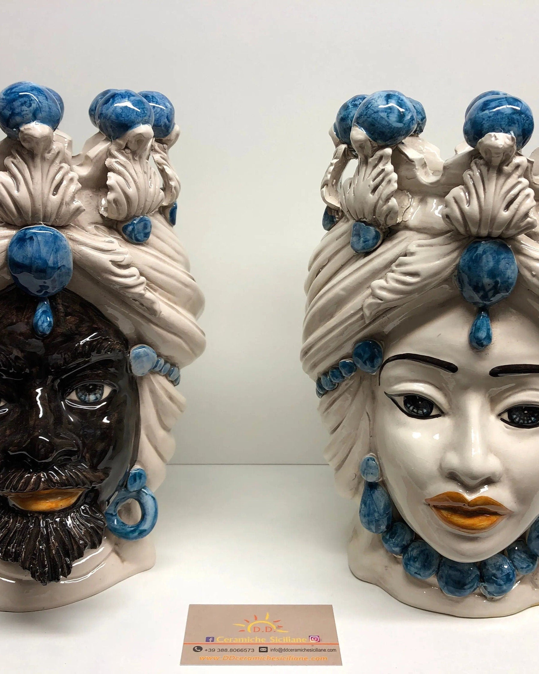 Teste di Moro Corona Ceramica Caltagirone cm H.30 L.20 Artigianale Sfere Blu DD CERAMICHE SICILIANE