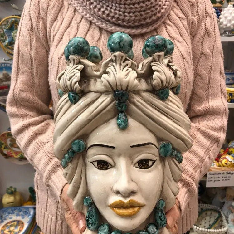 Teste di Moro Corona Ceramica Caltagirone cm H.30 L.20 Artigianale Sfere Verde DD CERAMICHE SICILIANE