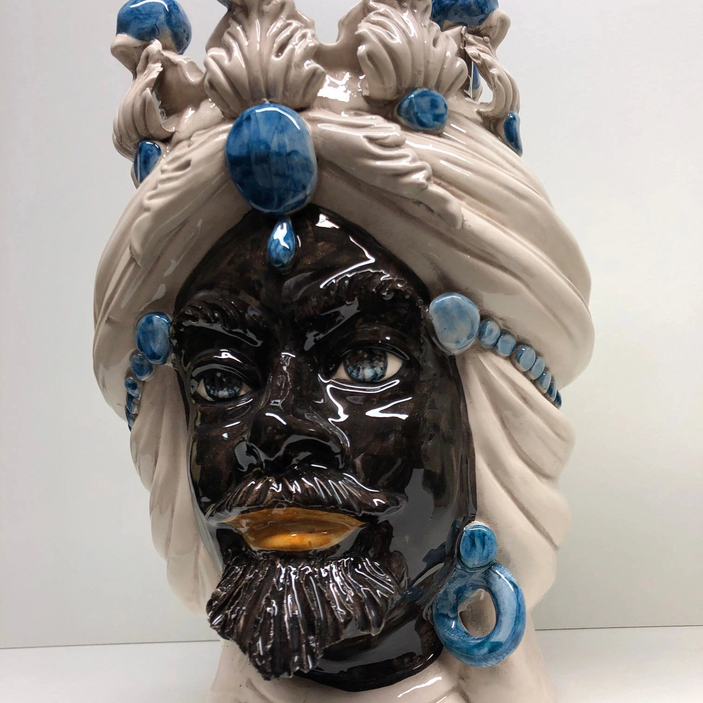 Teste di Moro Corona Ceramica Caltagirone cm H.30 L.20 Artigianale Sfere Blu DD CERAMICHE SICILIANE