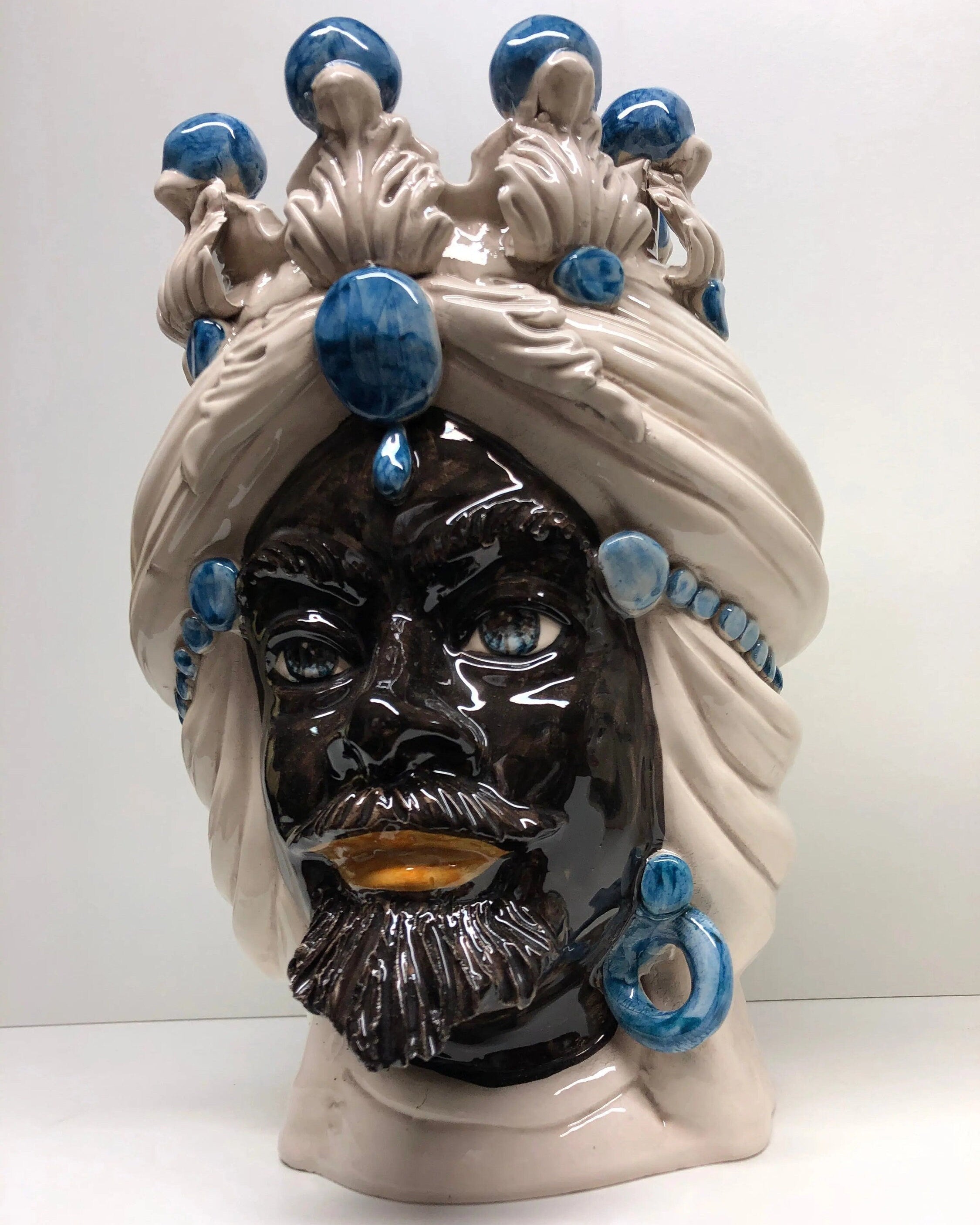 Teste di Moro Corona Ceramica Caltagirone cm H.30 L.20 Artigianale Sfere Blu DD CERAMICHE SICILIANE