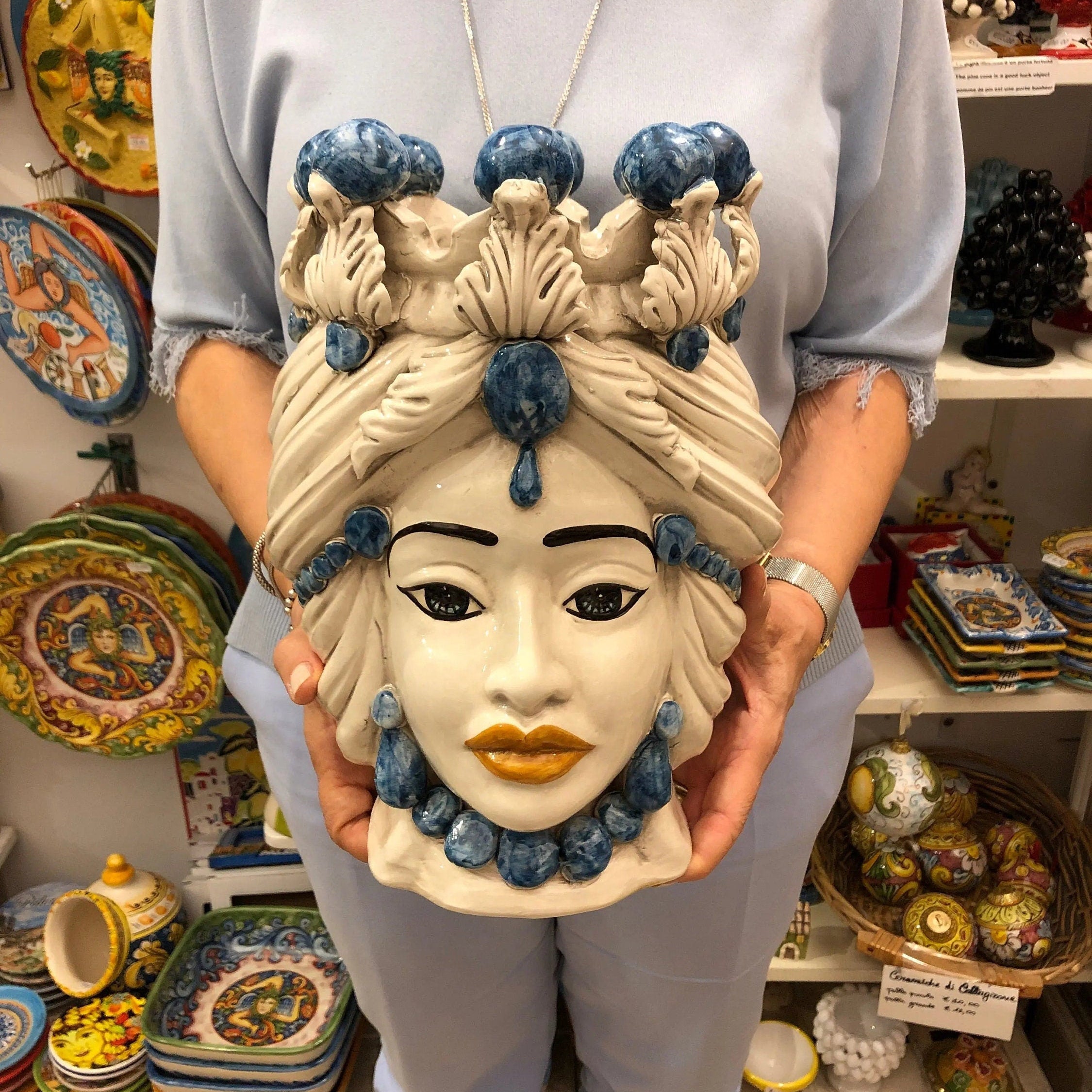 Teste di Moro Corona Ceramica Caltagirone cm H.30 L.20 Artigianale Sfere Blu DD CERAMICHE SICILIANE