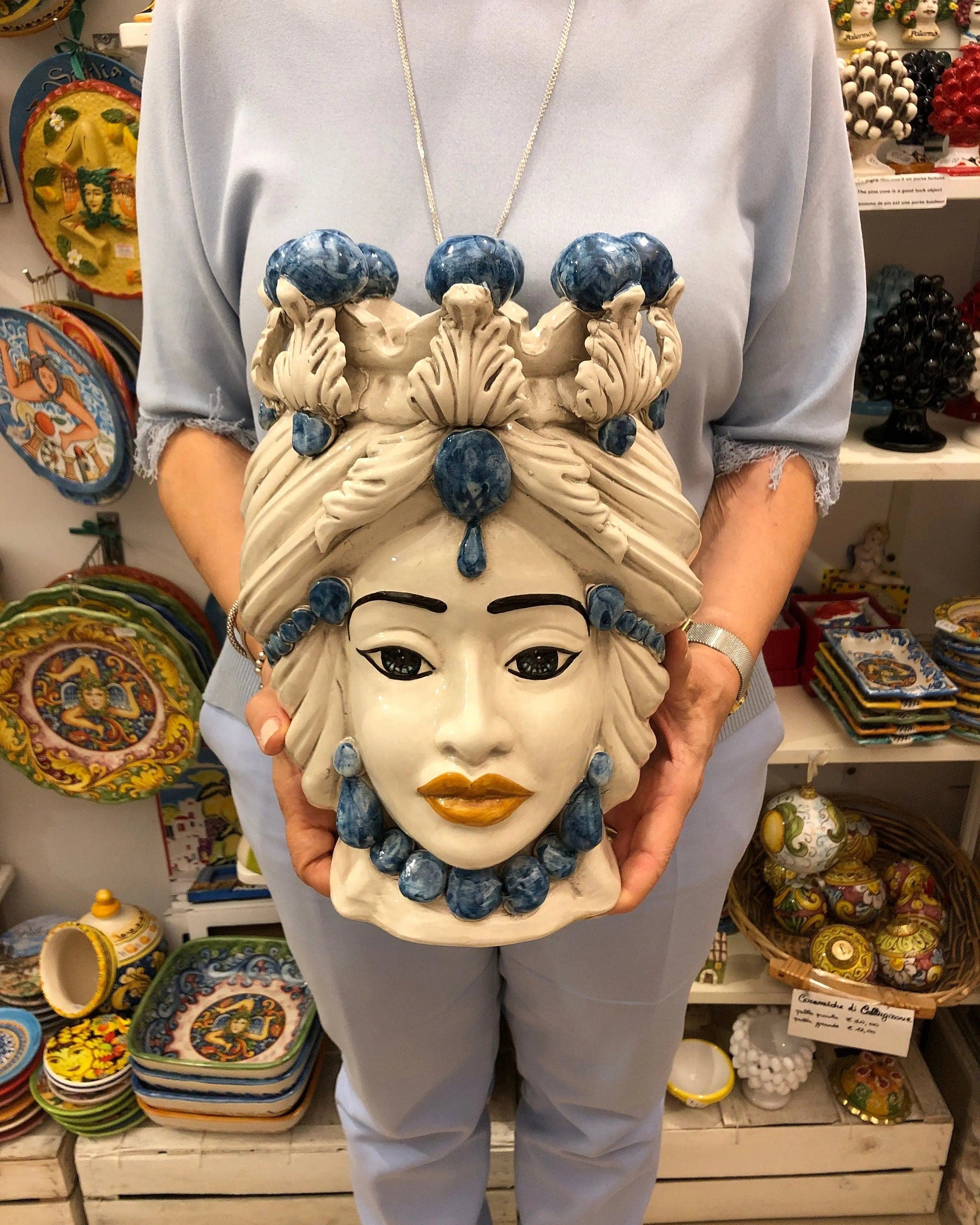 Teste di Moro Corona Ceramica Caltagirone cm H.30 L.20 Artigianale Sfere Blu DD CERAMICHE SICILIANE