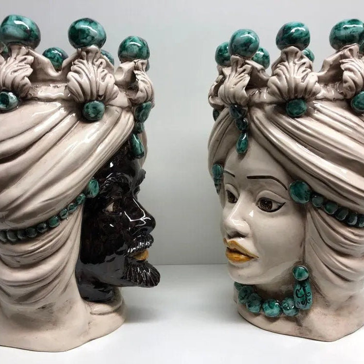 Teste di Moro Corona Ceramica Caltagirone cm H.30 L.20 Artigianale Sfere Verde DD CERAMICHE SICILIANE