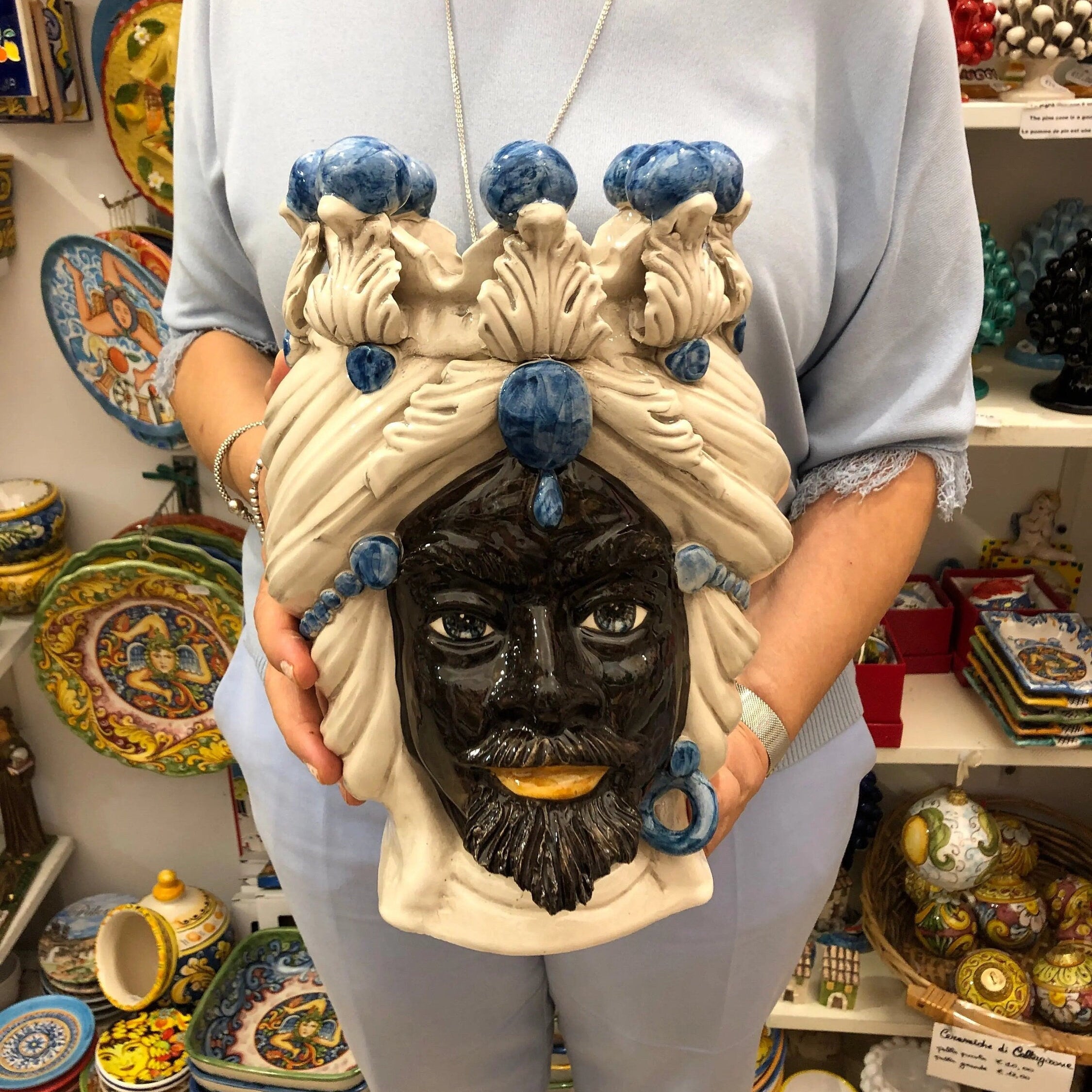 Teste di Moro Corona Ceramica Caltagirone cm H.30 L.20 Artigianale Sfere Blu DD CERAMICHE SICILIANE