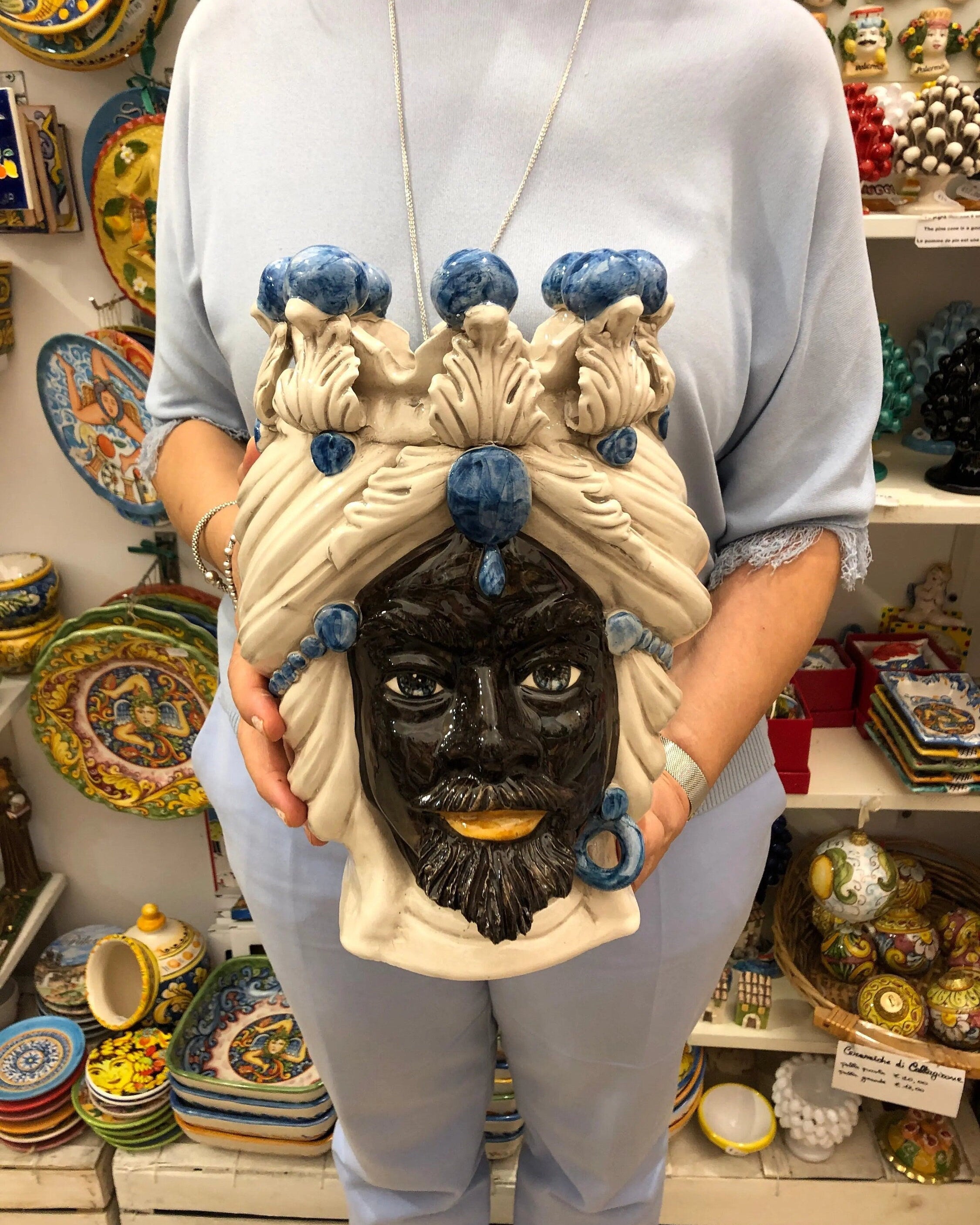 Teste di Moro Corona Ceramica Caltagirone cm H.30 L.20 Artigianale Sfere Blu DD CERAMICHE SICILIANE