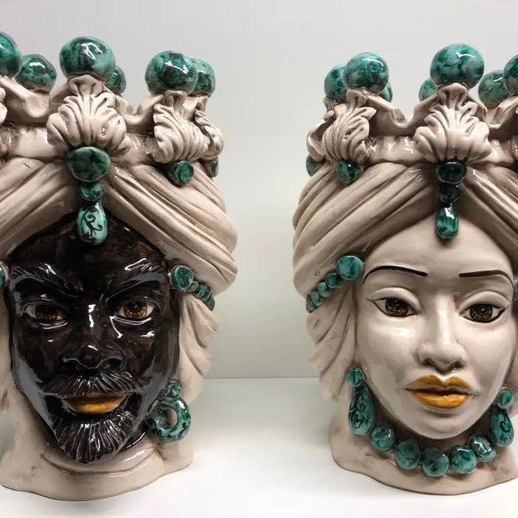 Teste di Moro Corona Ceramica Caltagirone cm H.30 L.20 Artigianale Sfere Verde DD CERAMICHE SICILIANE