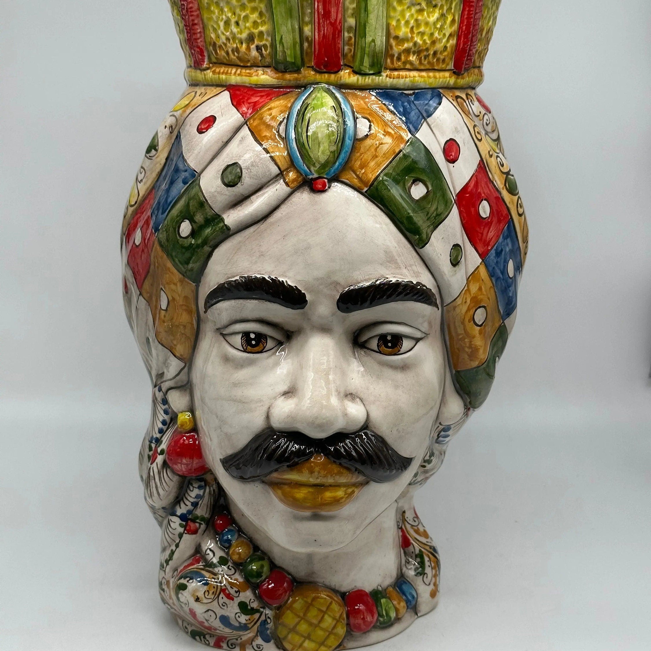 Teste di Moro Saturno Ceramica Caltagirone cm H.37 L.22 Artigianale Decoro “Carretto” DD CERAMICHE SICILIANE