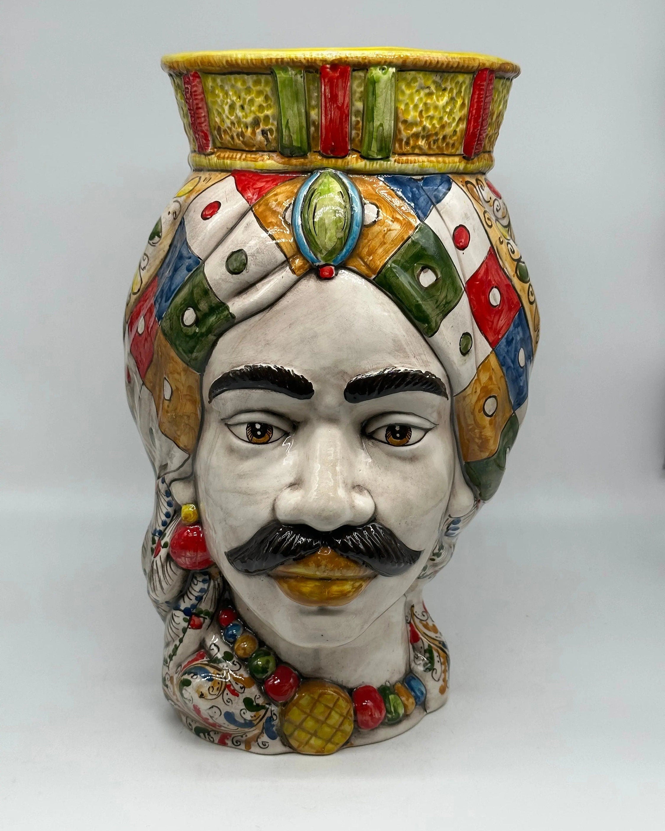 Teste di Moro Saturno Ceramica Caltagirone cm H.37 L.22 Artigianale Decoro “Carretto” DD CERAMICHE SICILIANE