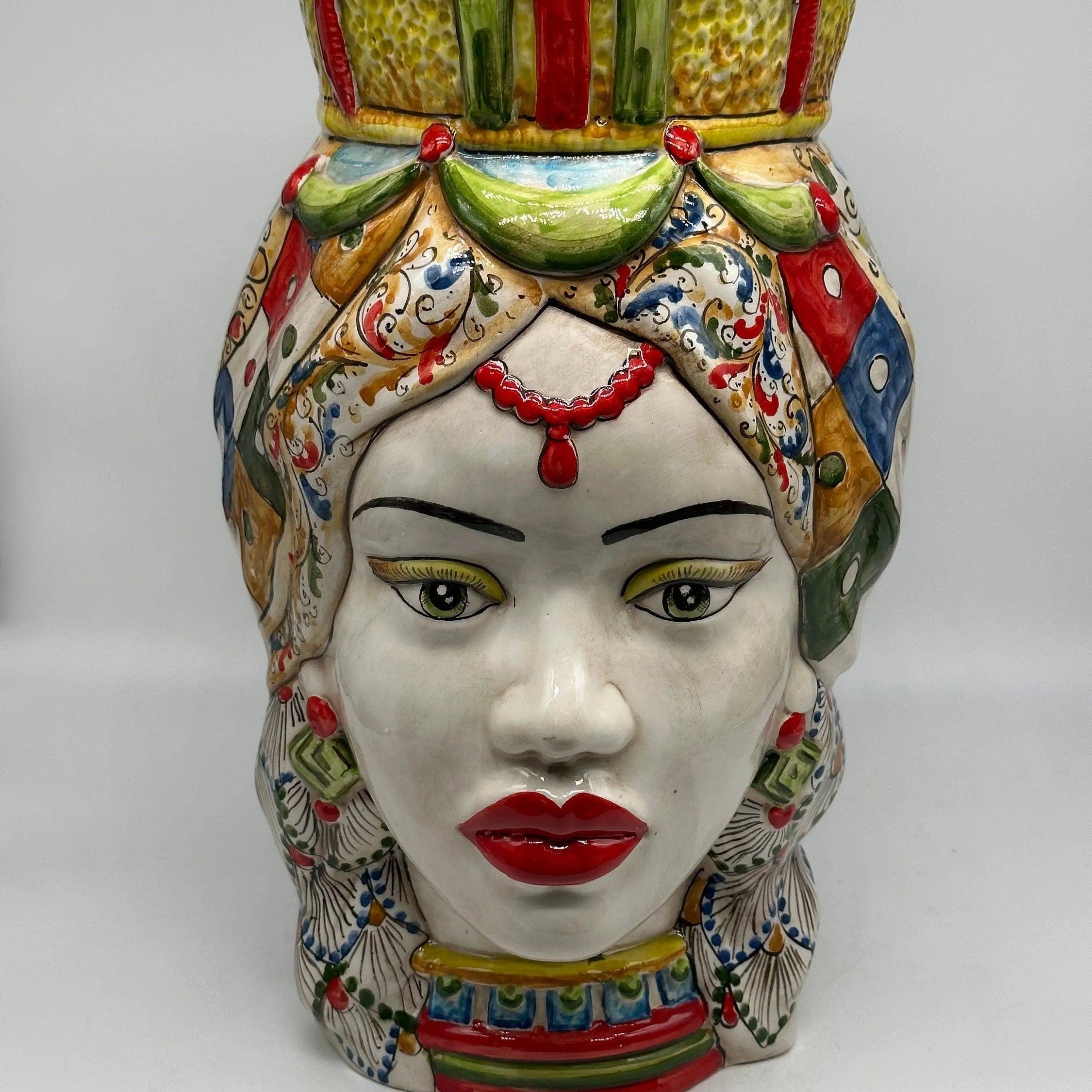 Teste di Moro Saturno Ceramica Caltagirone cm H.37 L.22 Artigianale Decoro “Carretto” DD CERAMICHE SICILIANE