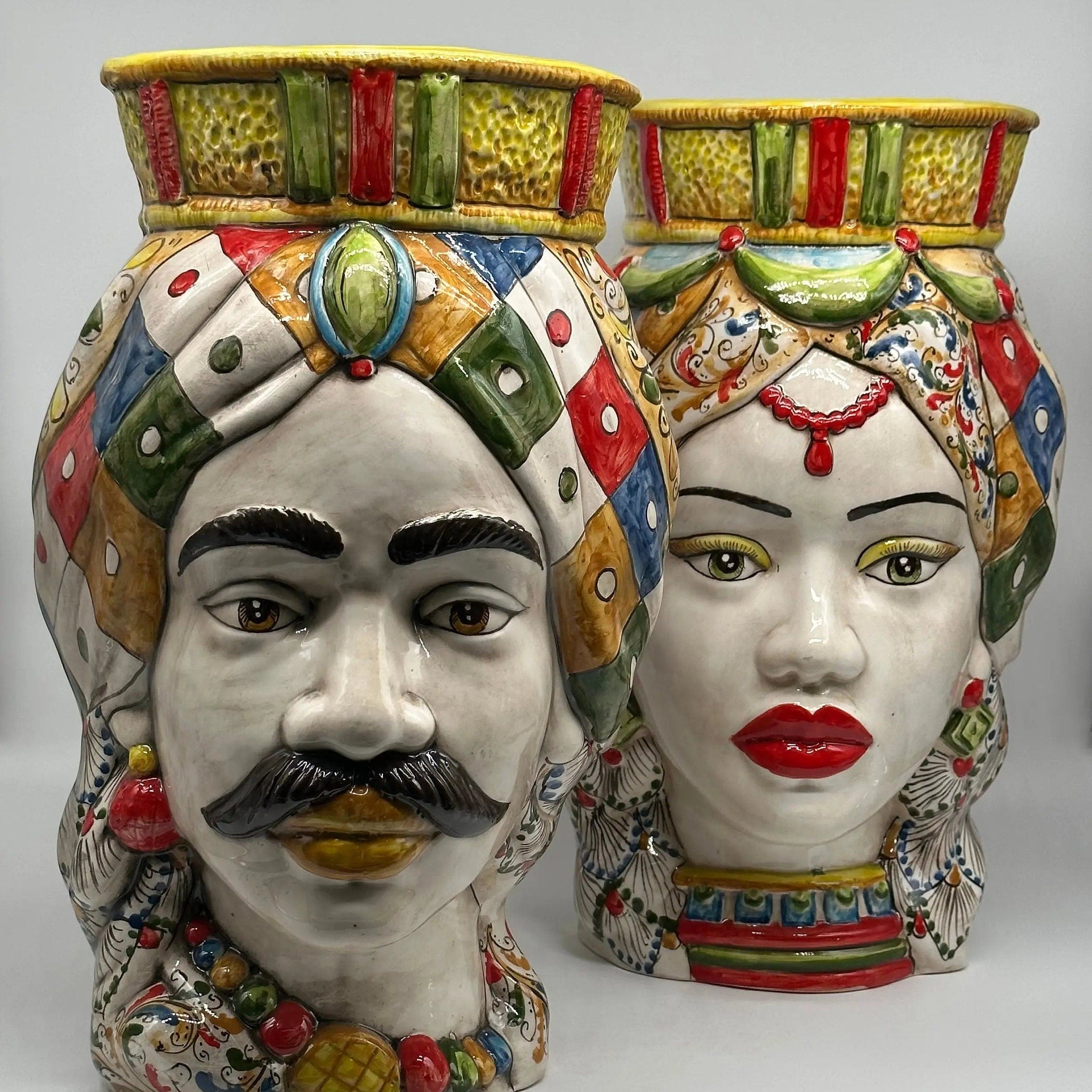 Teste di Moro Saturno Ceramica Caltagirone cm H.37 L.22 Artigianale Decoro “Carretto” DD CERAMICHE SICILIANE