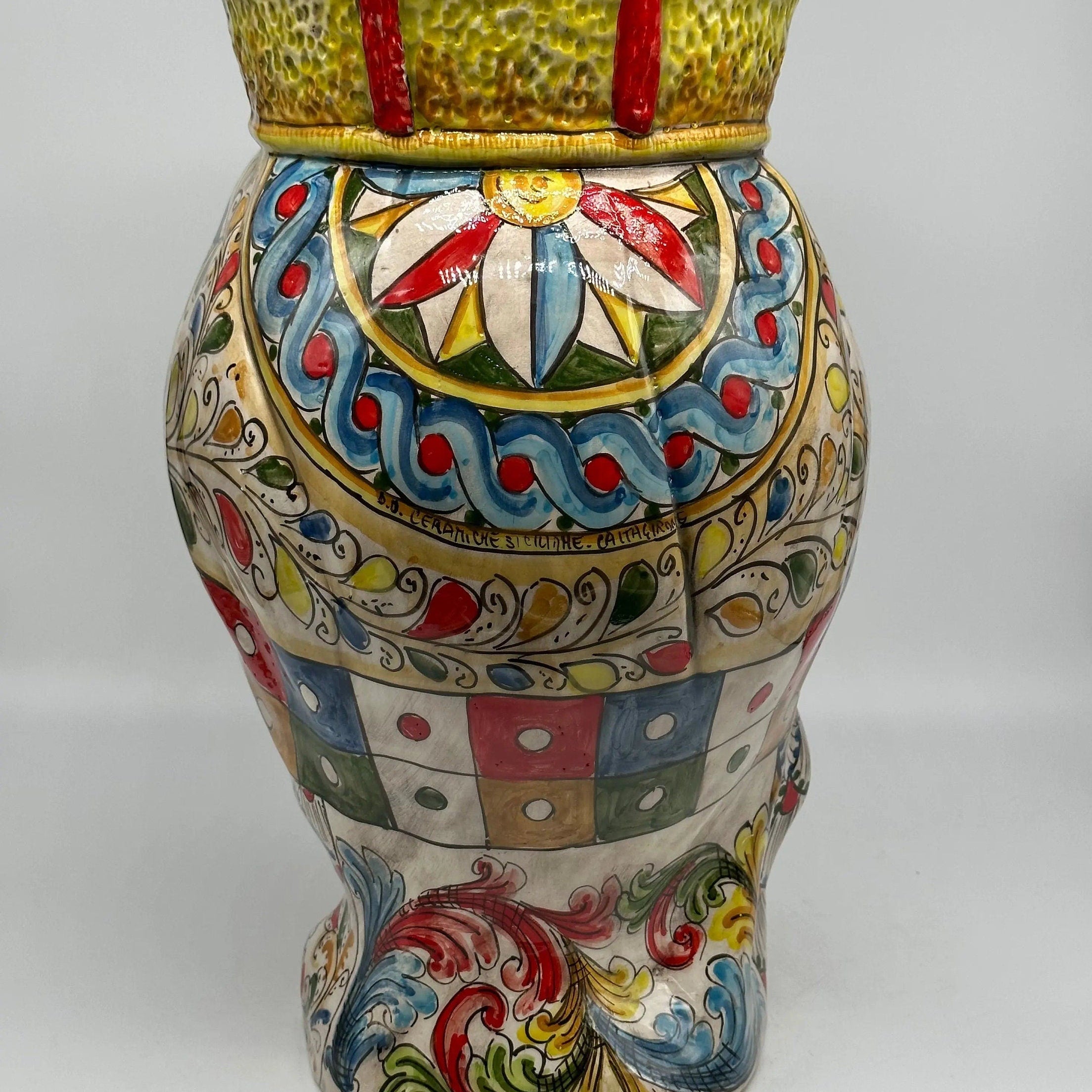 Teste di Moro Saturno Ceramica Caltagirone cm H.37 L.22 Artigianale Decoro “Carretto” DD CERAMICHE SICILIANE