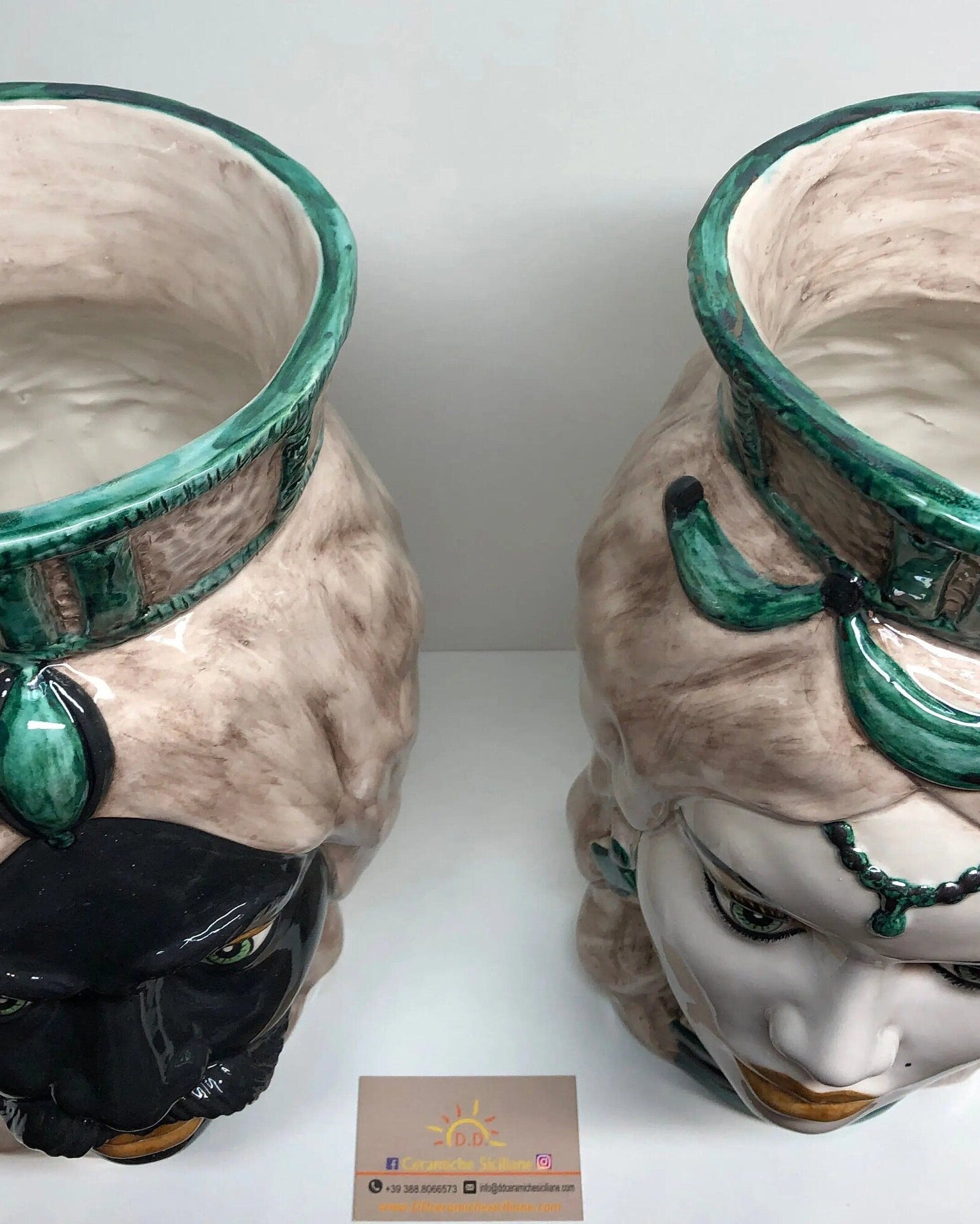 Teste di Moro Corona Retta Ceramica Caltagirone cm H.38 L.24 Artigianale dettagli Verde Acqua DD CERAMICHE SICILIANE