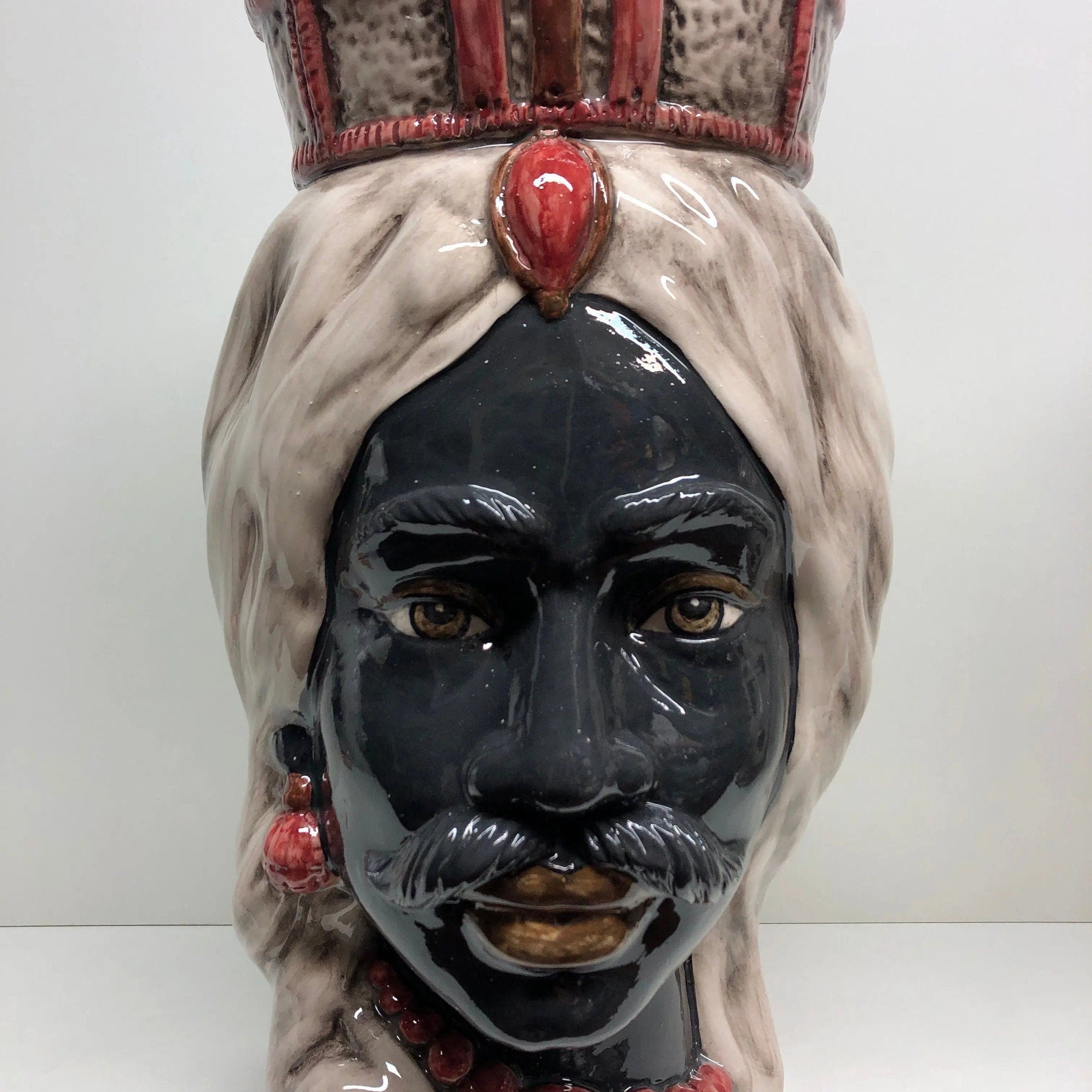 Teste di Moro Corona Retta Ceramica Caltagirone cm H.38 L.24 Artigianale dettagli Bordeaux DD CERAMICHE SICILIANE